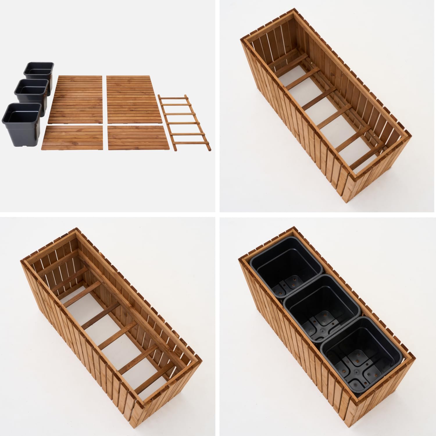 Jardinera de madera marrón para montar tú mismo, maceta rectangular grande para jardín y balcón, resistente a la intemperie, con inserto de 18 L, jardinera para exteriores (marrón vertical, 98