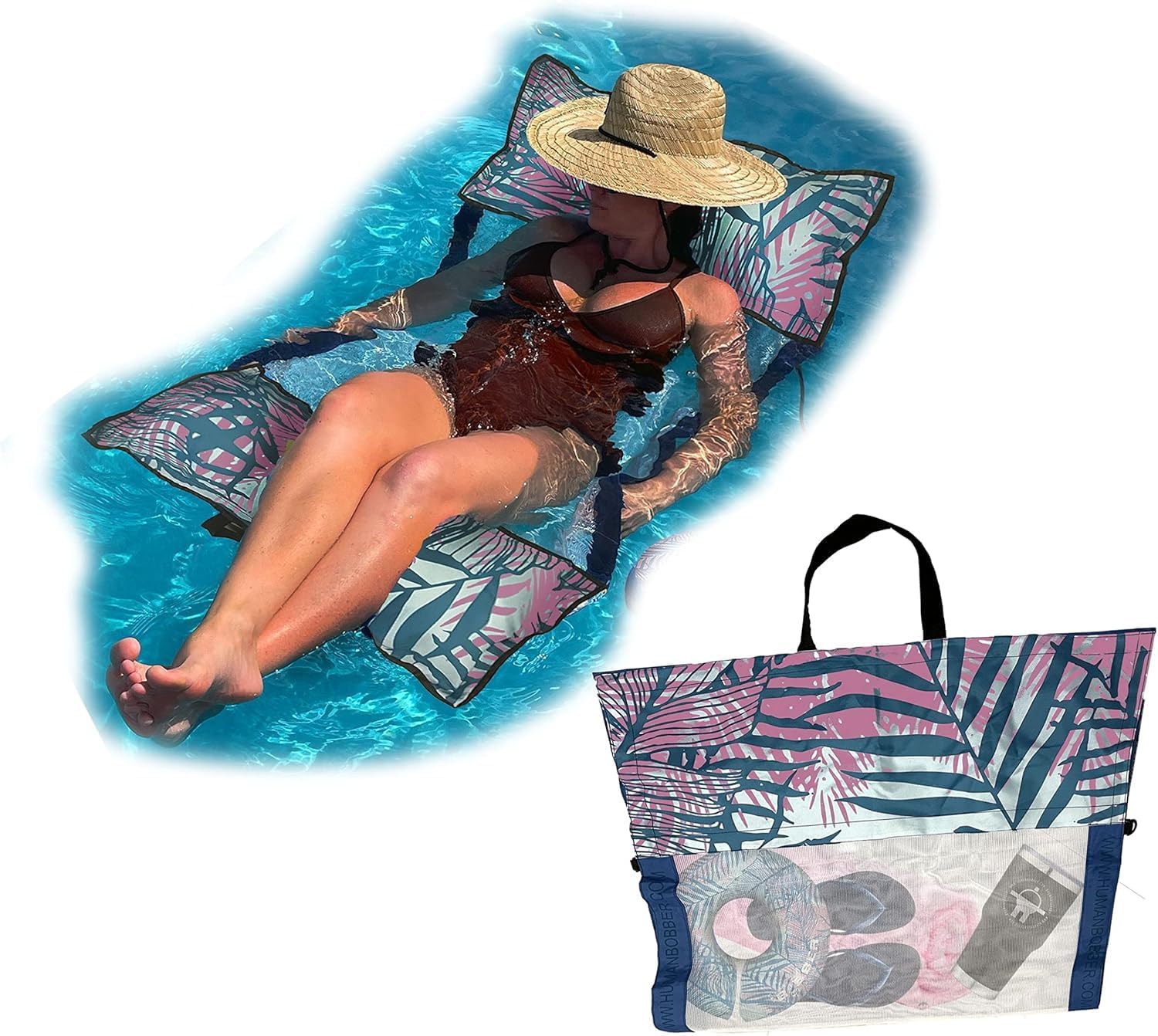 Float & Tote Inflatable Water Hammock Pool Floats & Swimming Lounger for Adults, Floaties Rafts, Folds Into Multipurpose Easy to Carry Beach Tote for Trendy Adult & Kids - Palm