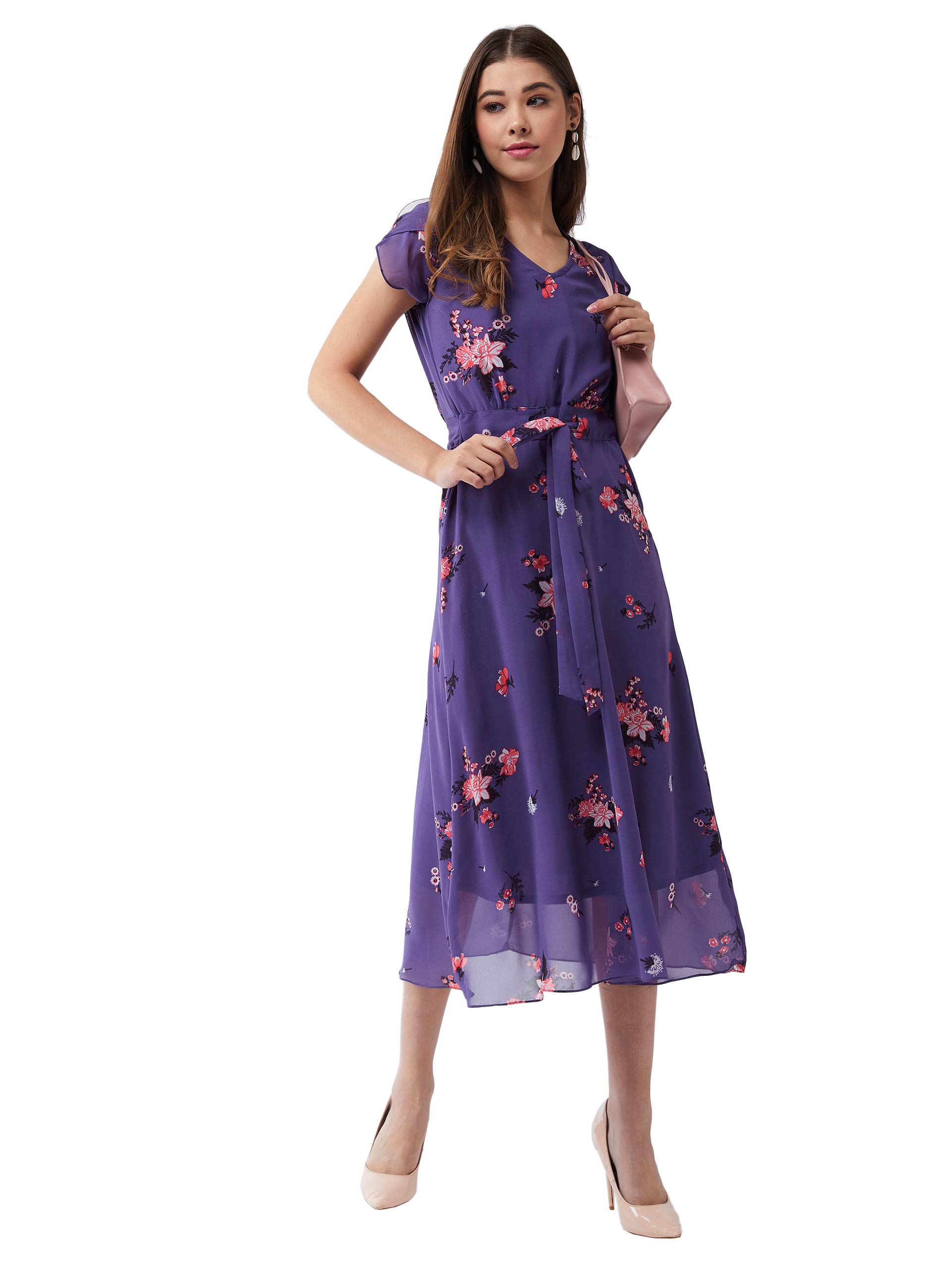 Miss Chase Women's Multicolored Base Lavender V-Neck Short Sleeved Floral Pleated Midi Dress (Mcss19D12-95-190-08, Multicolor-Base Purple, Xxxl)