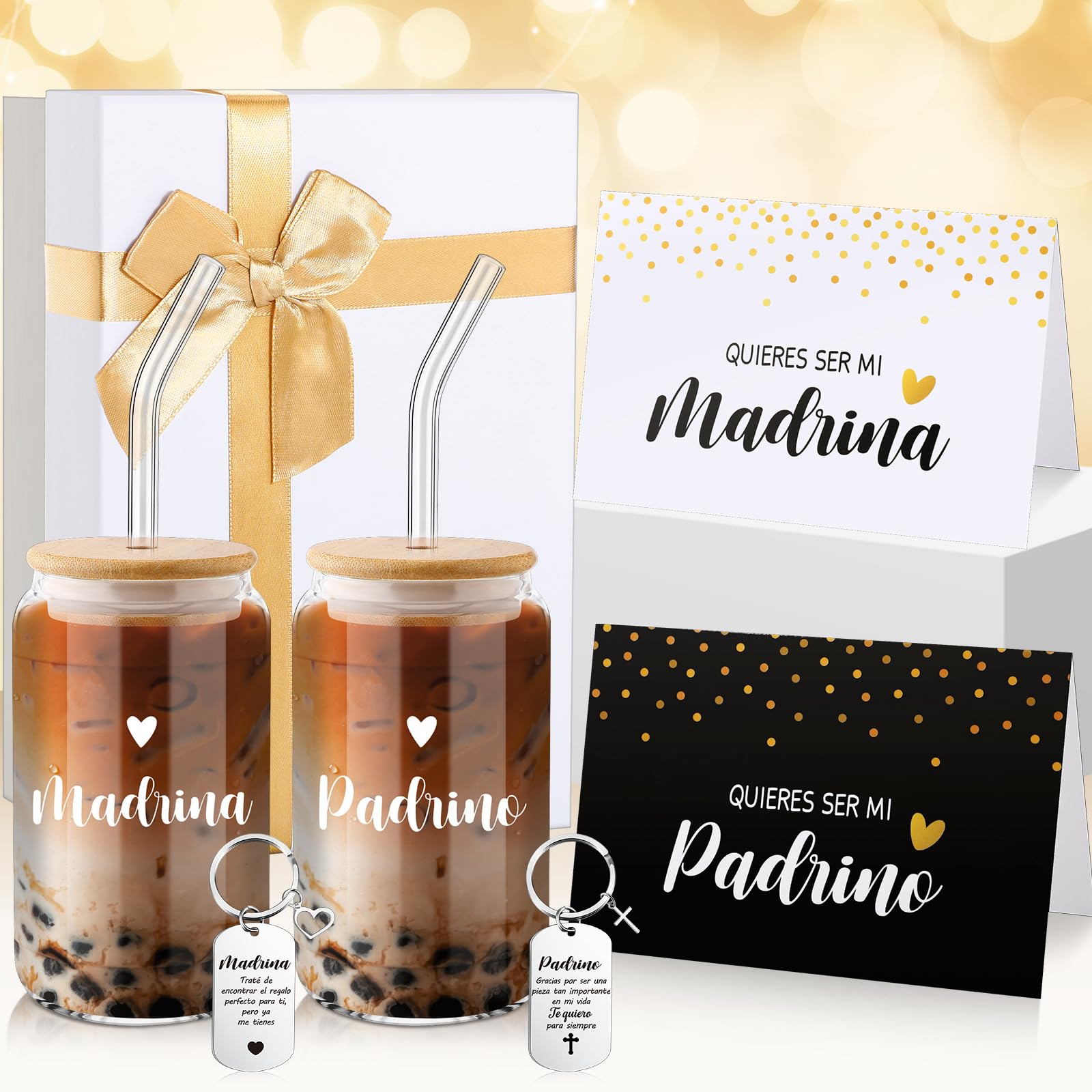 Qinyoung 7 Pcs Godparents Proposal Gift Mother's Day Church Will You Be My Godmother Godfather Glass Cup Keychains Cards Box Godparents Baptism Gift from Godchild(Madrina Coffee Cup)-image-35