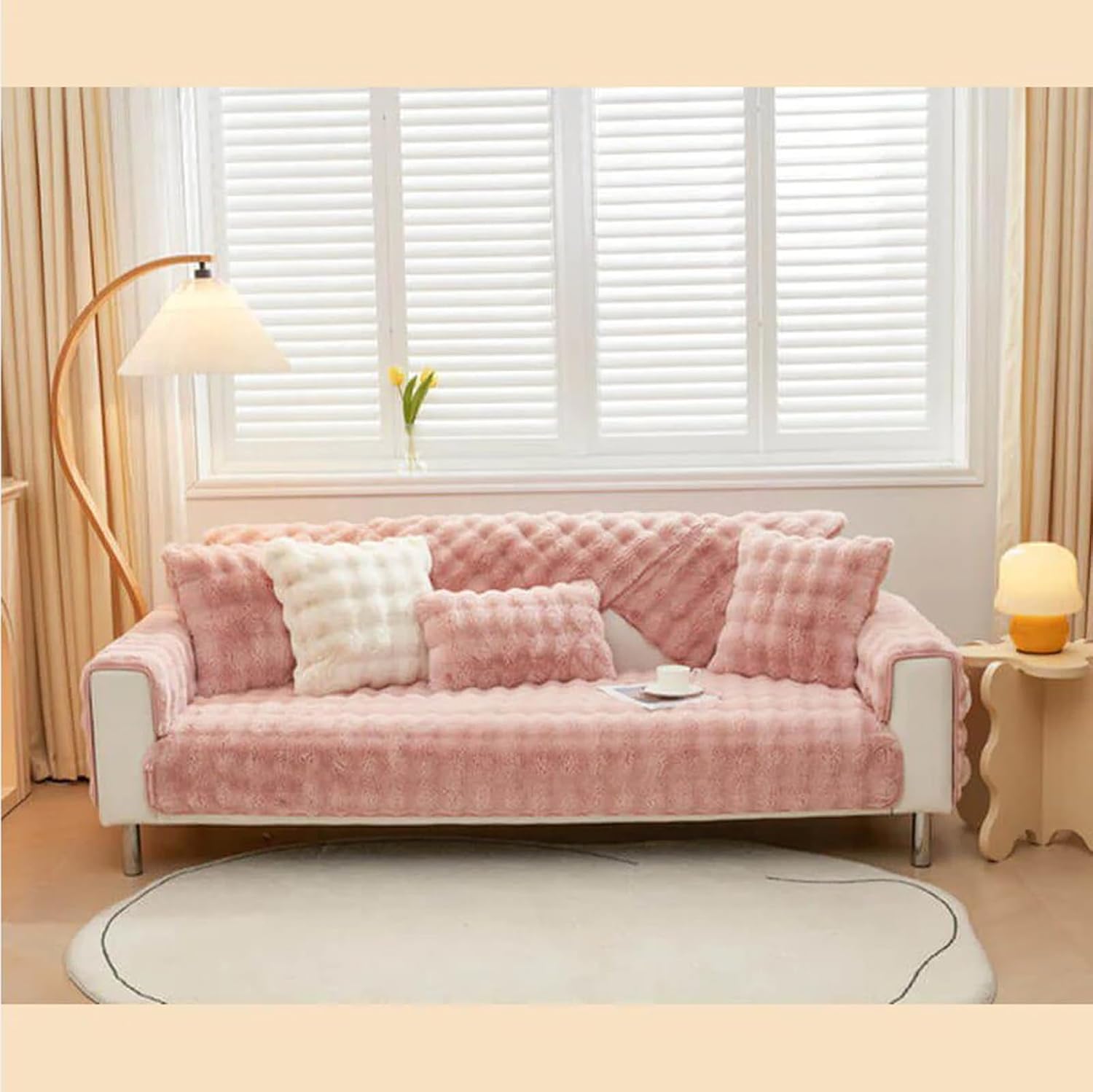 Funny Cosy Plush Non-Slip Couch Cover, Fluffy Thick Rabbit Plush Sofa Cushion, Garden Chic Cotton Protective Couch Cover (Pink, 27.6 * 27.6 in)