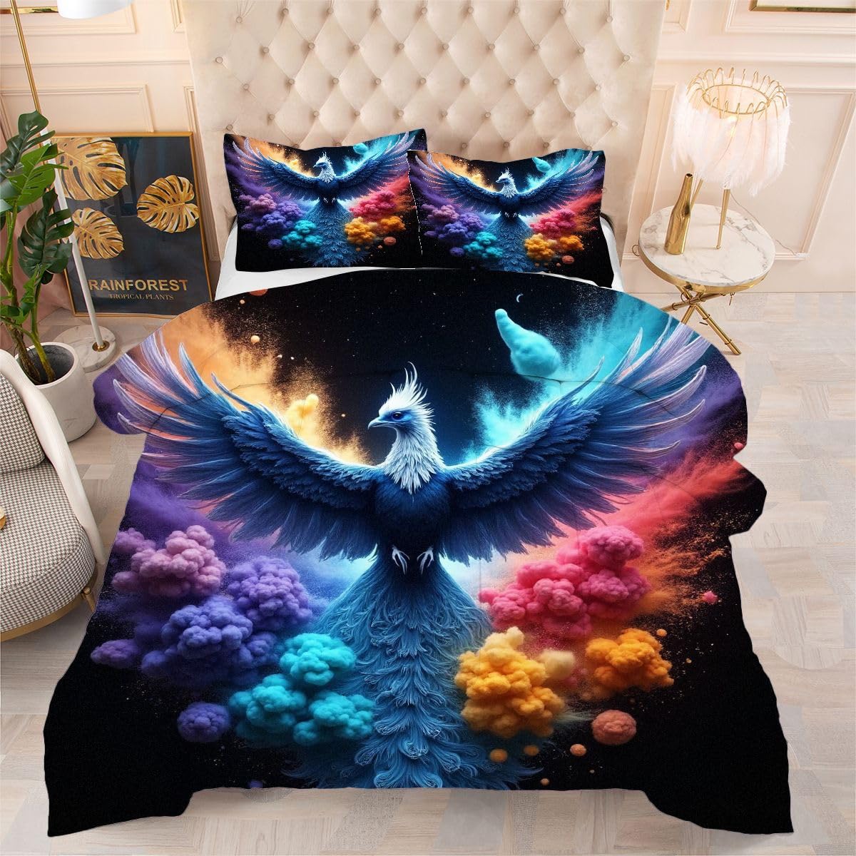 Couette 240x260 Oiseau Coloré avec 2 taies d'oreiller pour lit deux personnes
