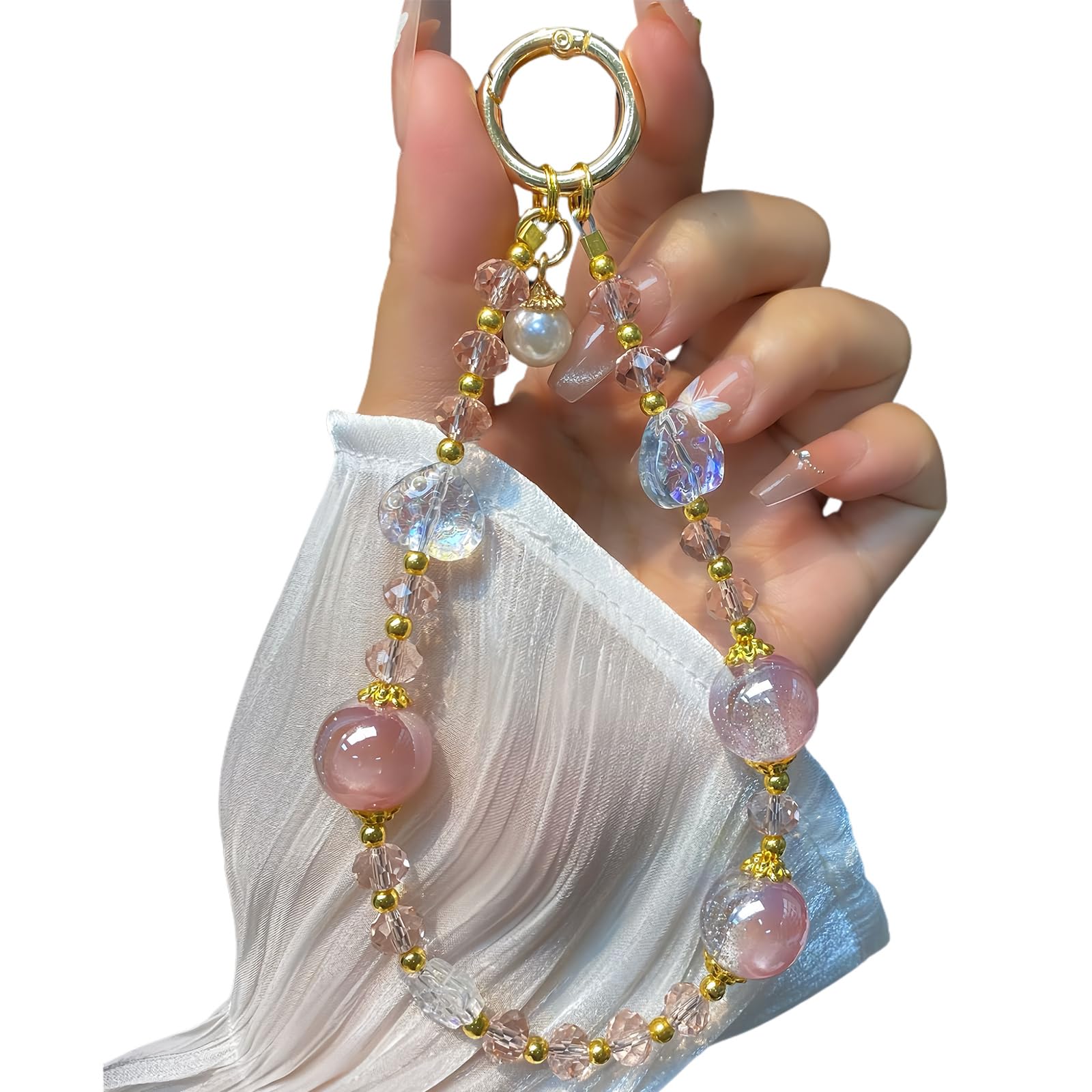 LIFCIUSO Phone Charm with Crystal/Handpainted Bead, Kawaii Hands-Free Wrist Strap for Women Girl, Cute Heart Fluffy Leopard Print Shell Bead, Luxury Bling Diamond Glitter Beaded, Phone Lanyard — view 10