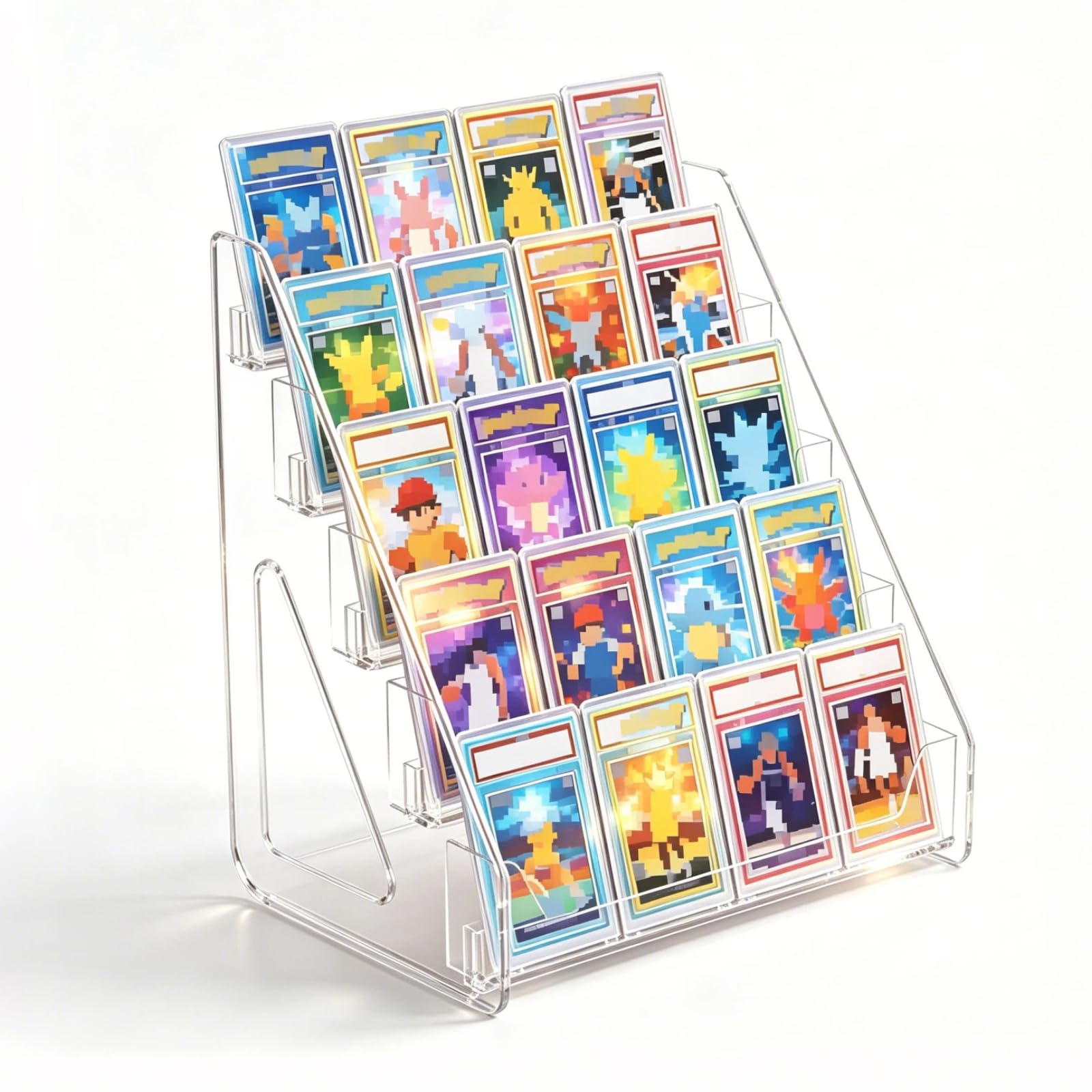 BSLVV 5 Tier Acrylic Display Stand for Trading Cards and Collectibles Clear Vertical Holder with Easy Assembly Perfect for Graded Slabs Postcards Mini Cosmetics Sunglasses Nail Polish and Photos