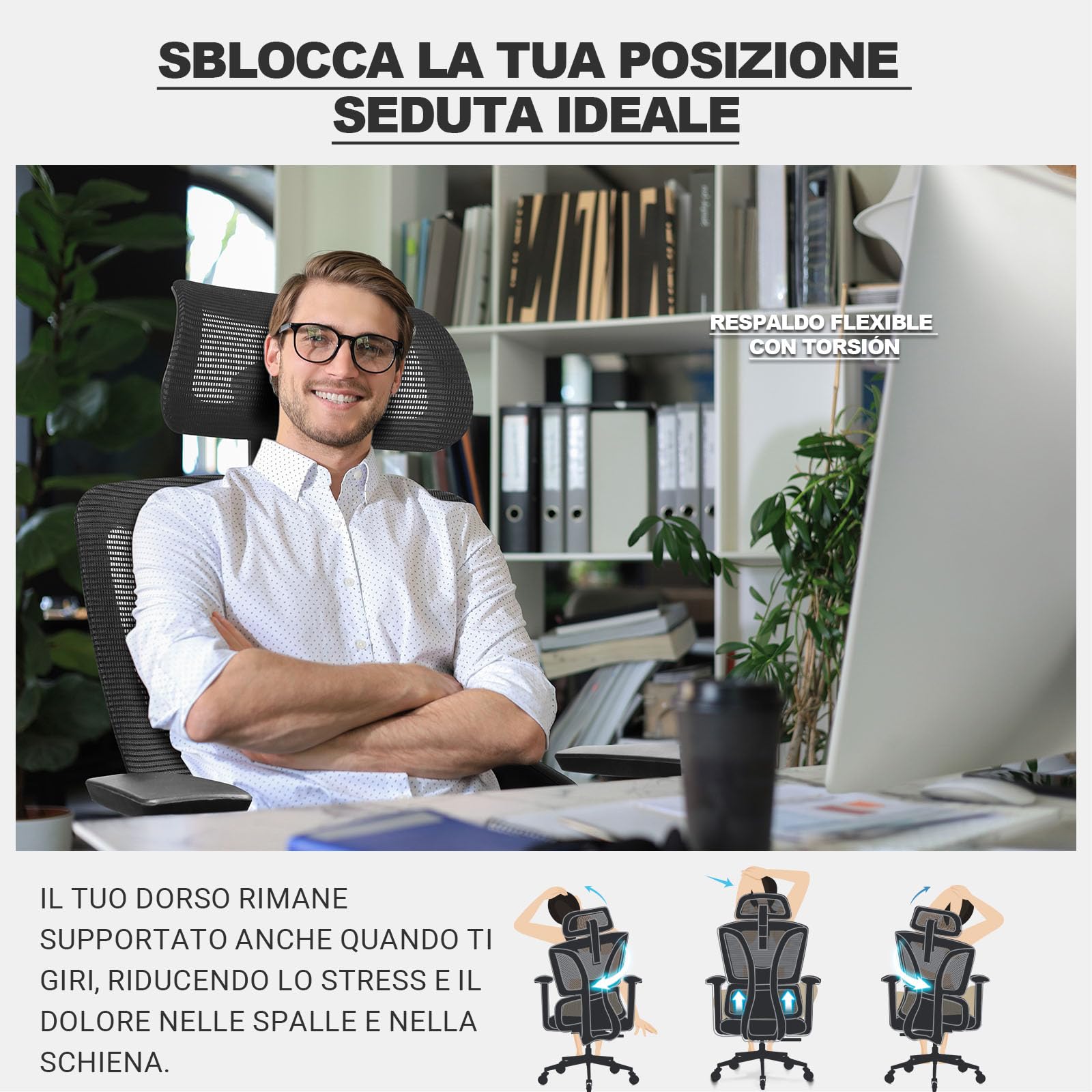 MELOKEA Sedia Ufficio Ergonomica, Braccioli 4D, Sedile Regolabile, Schienale Reclinabile, Poggiatesta 3D, Supporto Lombare, Ruote in Gomma, Sedia Gaming e Ufficio 200 kg