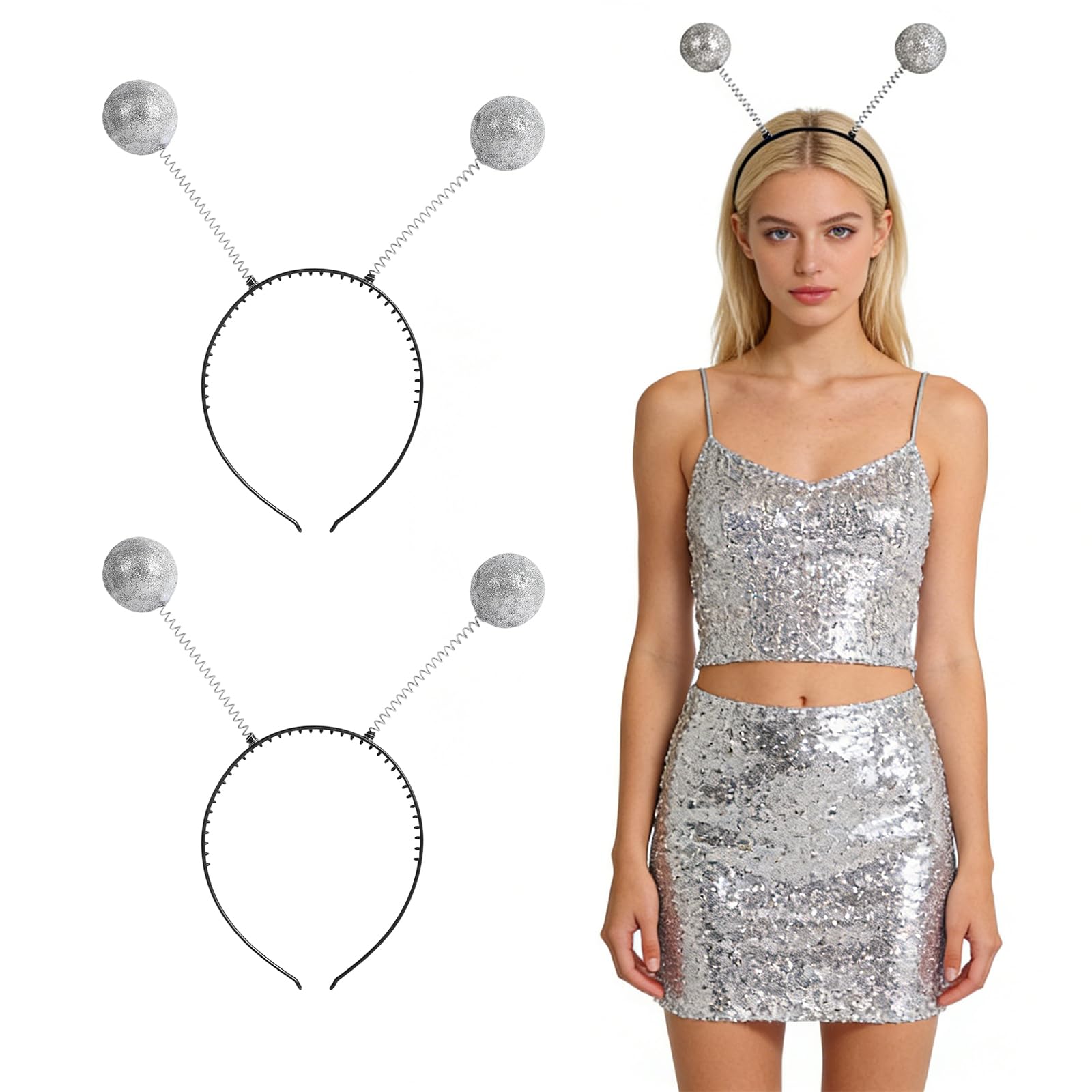 GYIOFAI 2 Pack Shiny Alien Headbands for Adult, Halloween Alien Antenna Hairband Glitter Boppers Silver Balls Headwear Space Costume Accessories for Cosplay Party Festival Fancy Dress (Silver)