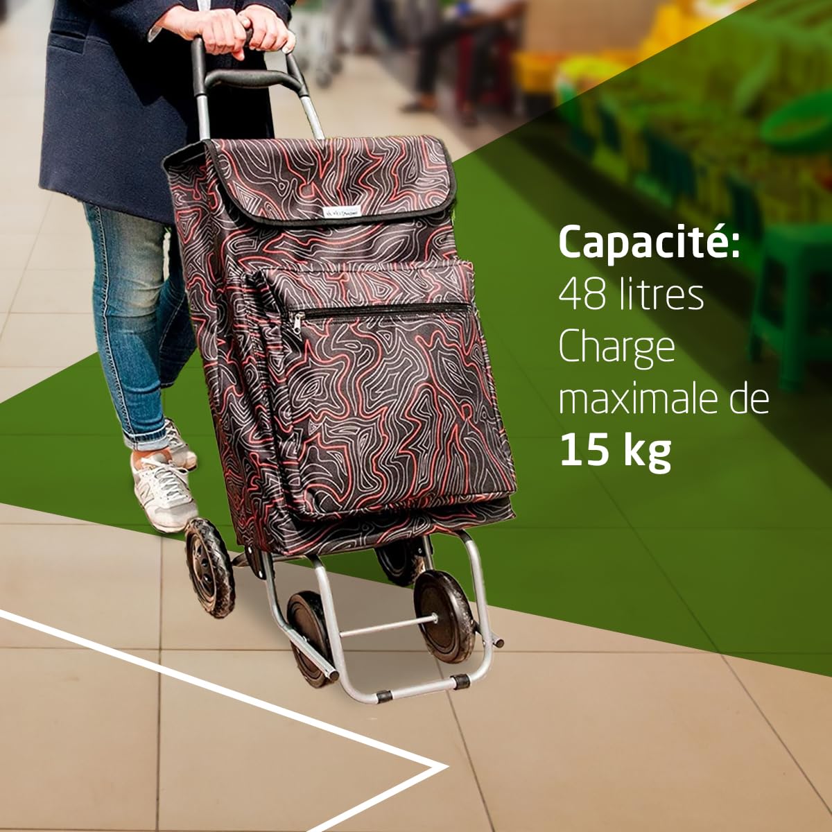 Amig - Chariot de Courses 4 Roues avec Compartiment Isotherme - Caddie de Courses Solide - Chariot de supermarché Pliable - 22 x 40 x 106 cm - Charge Max. 15 kg - Couleur Noir
