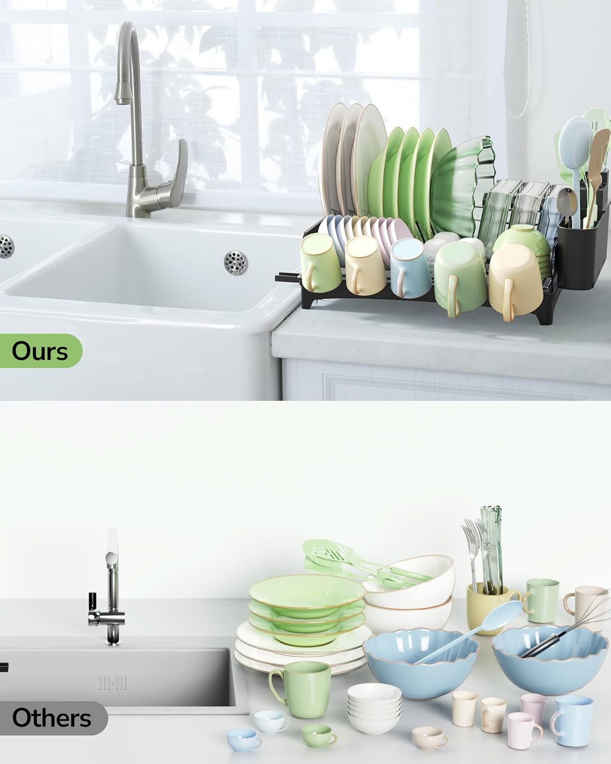 ULG Dish Drying Rack with Drainboard, Dish Rack for Kitchen Counter, Rustproof Dish Drainer with Detachable Utensil Holder, Adjustable Swivel Spout Dish Strainers, Black