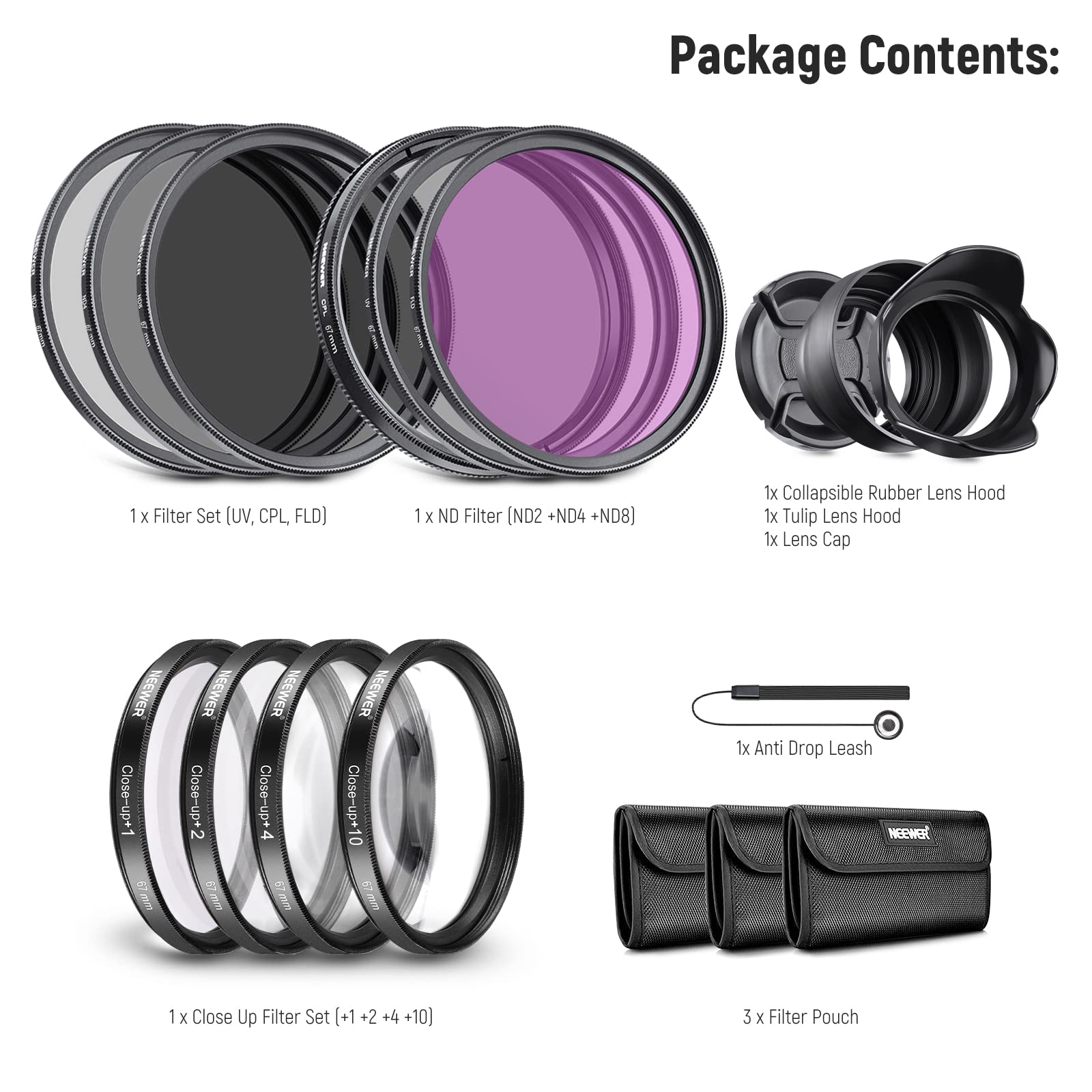 NEEWER 67mm Kit di Filtro ND/CPL/UV/FLD/Close Up e Accessori per Obiettivo con ND2 ND4 ND8, Filtri Close Up (+1/+2/+4/+10), Paraluce Collapsibile, Tappo per Obiettivo, Astuccio per Filtro