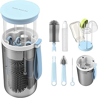 Travel Baby Bottle Brush Set with Extendable Liquid Silicone Bottle Brush，Nipple Brush，Built-in Bottle Drying Rack，Straw Cleaner Brush，Baby Bottle Soap Dispenser，Bottle Warmer (Blue)