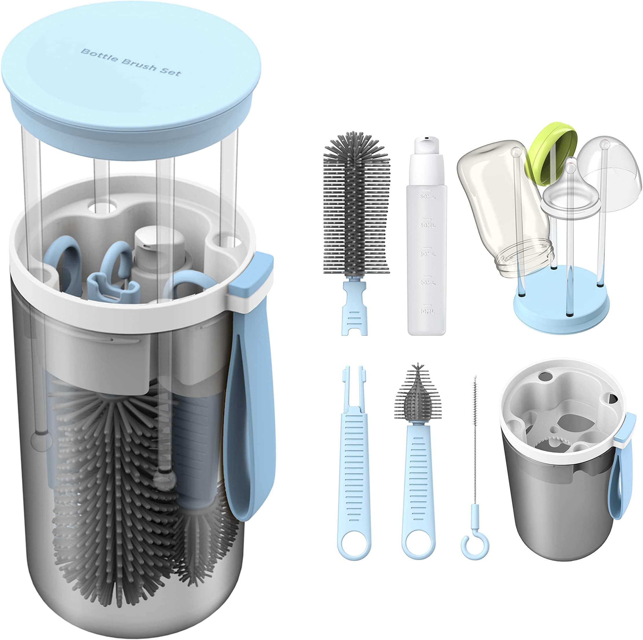 Travel Baby Bottle Brush Set with Extendable Liquid Silicone Bottle Brush，Nipple Brush，Built-in Bottle Drying Rack，Straw Cleaner Brush，Baby Bottle Soap Dispenser，Bottle Warmer (Blue)