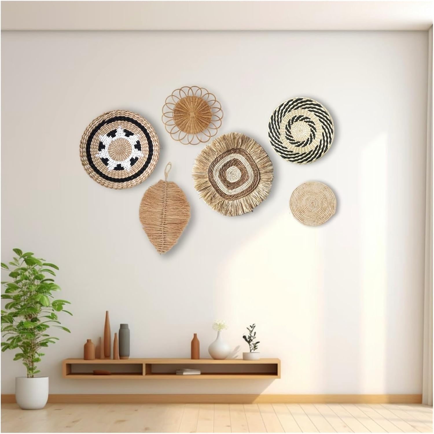 Boho Woven Wall Baskets Set, Handcrafted Natural Seagrass Rattan Wall Decor for Living Room Bedroom, Rustic Wicker Wall Art(Walldecoration7-D)