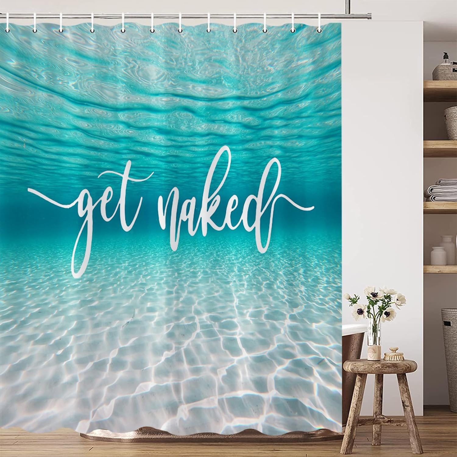 Get Naked Ocean Shower Curtain Teal Water Nature Tropical Underwater Sea Nautical Funny Beach Bathroom Decor with Hook 80X70 Inch, LY7641AM-200X180CM