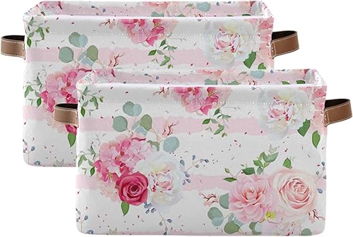 Miniatura 1 de Cesta cuadrada de almacenamiento de flores de rosas rosadas, organizador de almacenamiento de lona, organizador de estante de armario para oficina