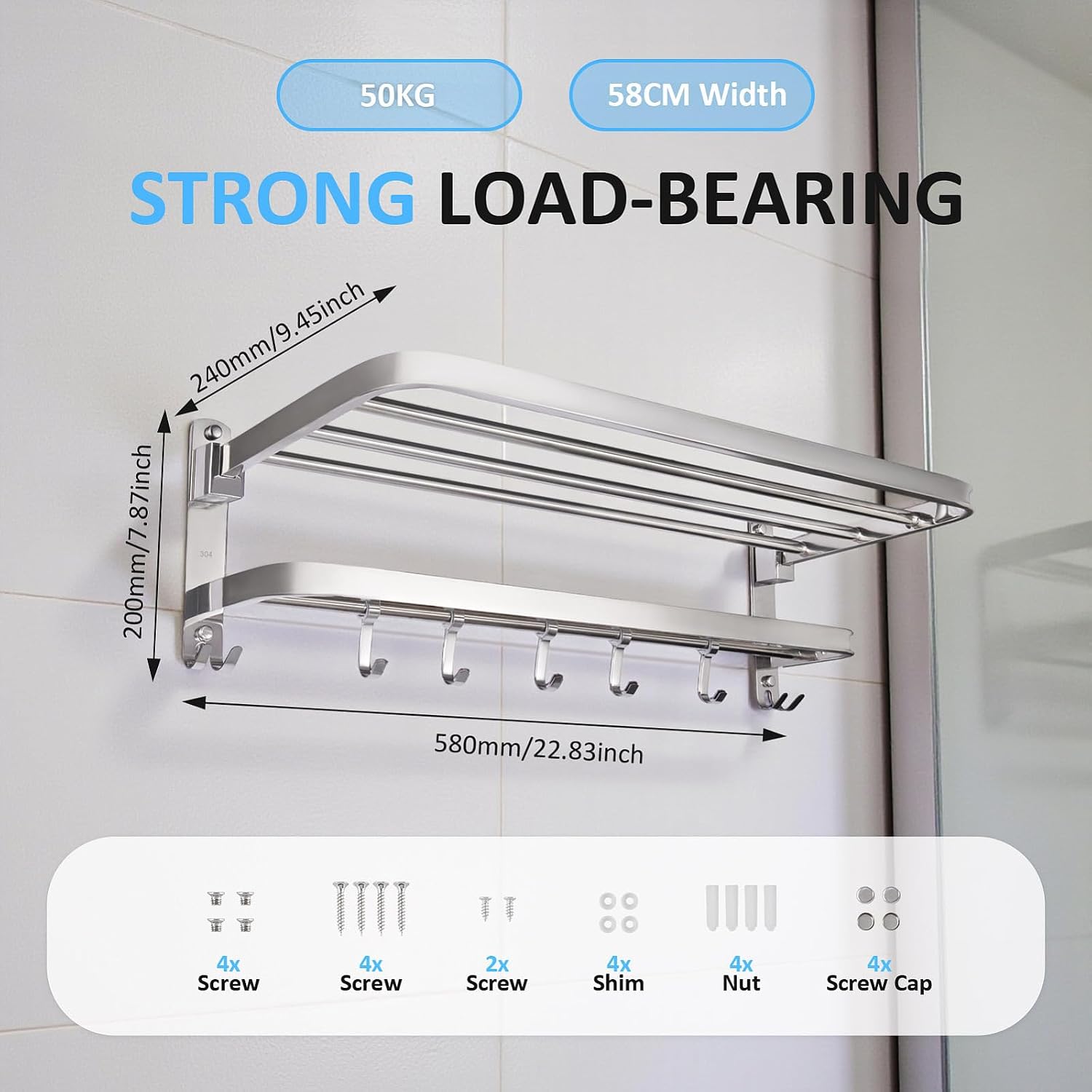Stainless Steel Towel Rack, Wall Mounted Bathroom Storage Holder with Hooks image 2