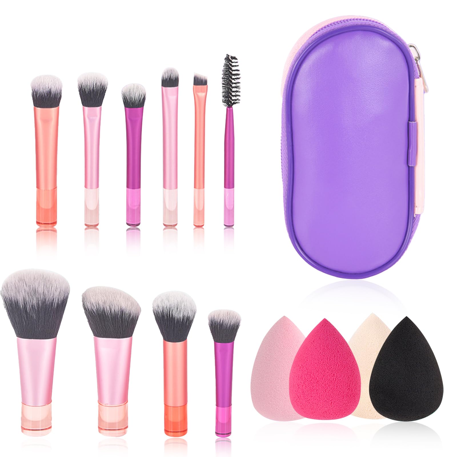 PLUSHCEWT 10 Pcs Makeup Brush Set including 4 Makeup Sponges and Cosmetic Bag Premium Synthetic Brushes for Foundation Powder Blush Eyeshadow Concealer and Highlight Travel and Everyday Use (multicolour)
