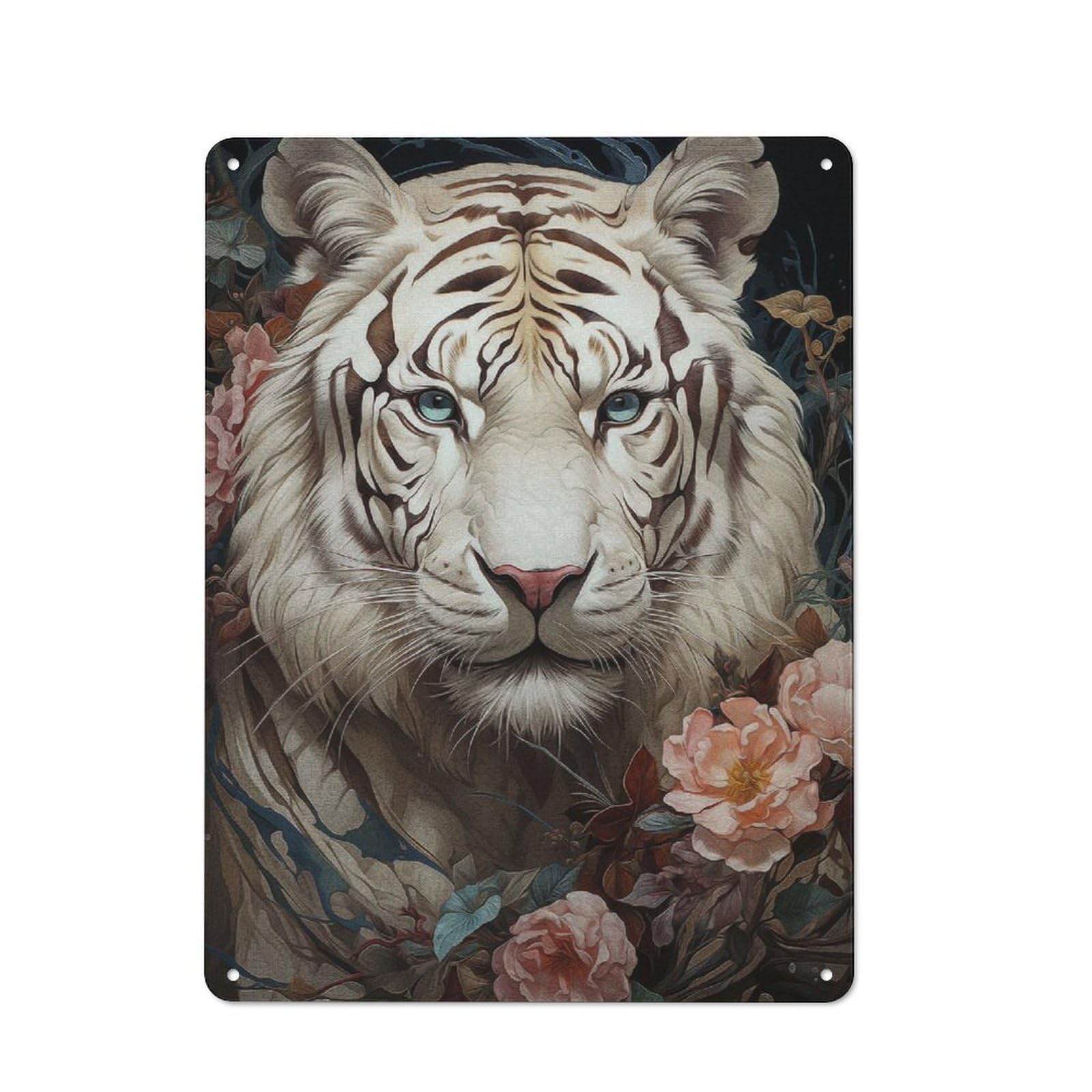 Junmoney White Tiger Floral Bliss Tin Sign 40X30cm With For Home Bar Wall, Vintage Decor, Wall Decoration For A Recently Updated Home Bar