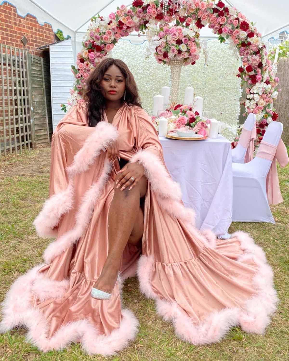 Changuan Feather Bridal Robe Silk Satin Robes Old Hollywood Long Bathrobe Lingerie Nightgown Sleepwear Maternity Photoshoot - Image 6