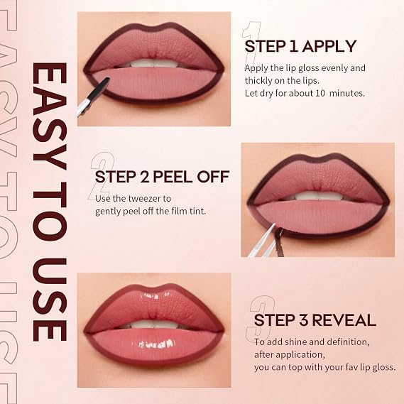 3Pcs Lip Stain Peel Off Set, Peel Off lip Liner Stain Long Lasting Waterproof, Matte Lip Tattoo Tint Transfer Proof, Highly Pigmented Color Lip Makeup(#01+02+03)