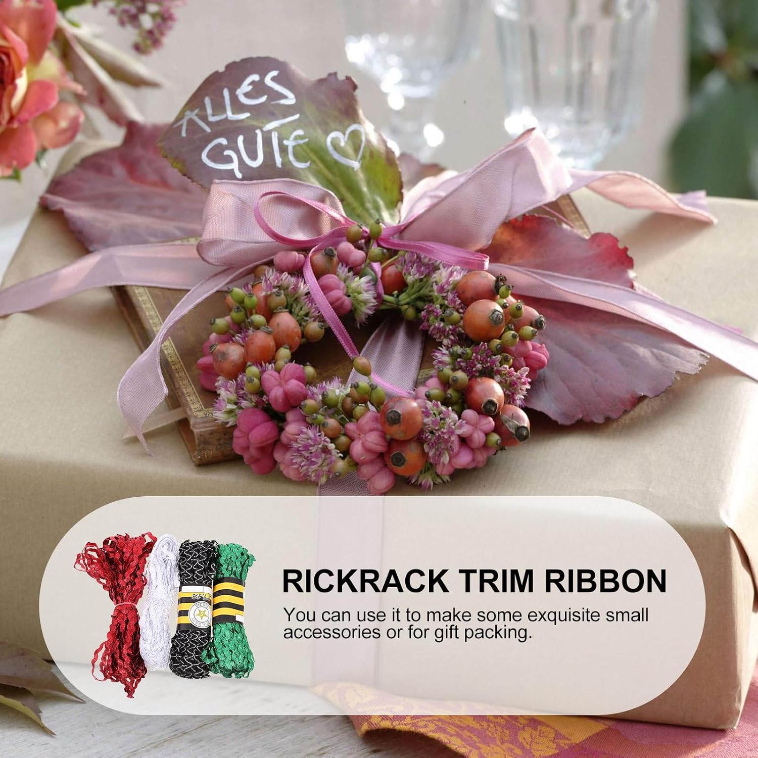 ORFOFE 4 Rolls 15 Yards Rickrack Ribbon Sewing Trim Set 5mm Wave Edge Decorative Ribbon for DIY Crafts Floral Sewing Apparel Embellishment Red Green White Black White