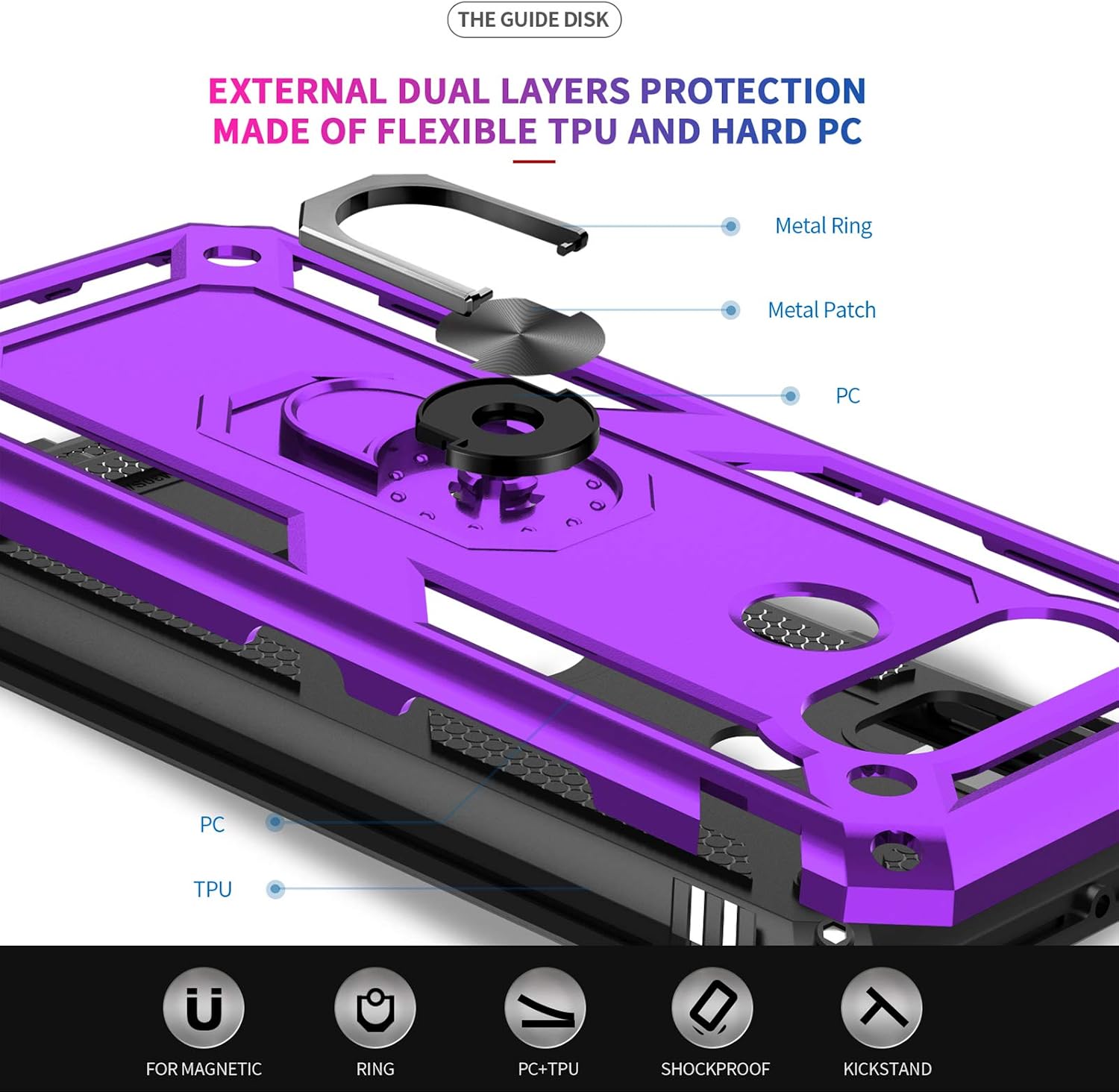 LeYi Compatible for LG K51 Phone Case, LG Reflect Case, LG Q51 Case with [2 Pack] Tempered Glass Screen Protector, [Military-Grade] Case with Magnetic Ring Kickstand for LG K51, Purple