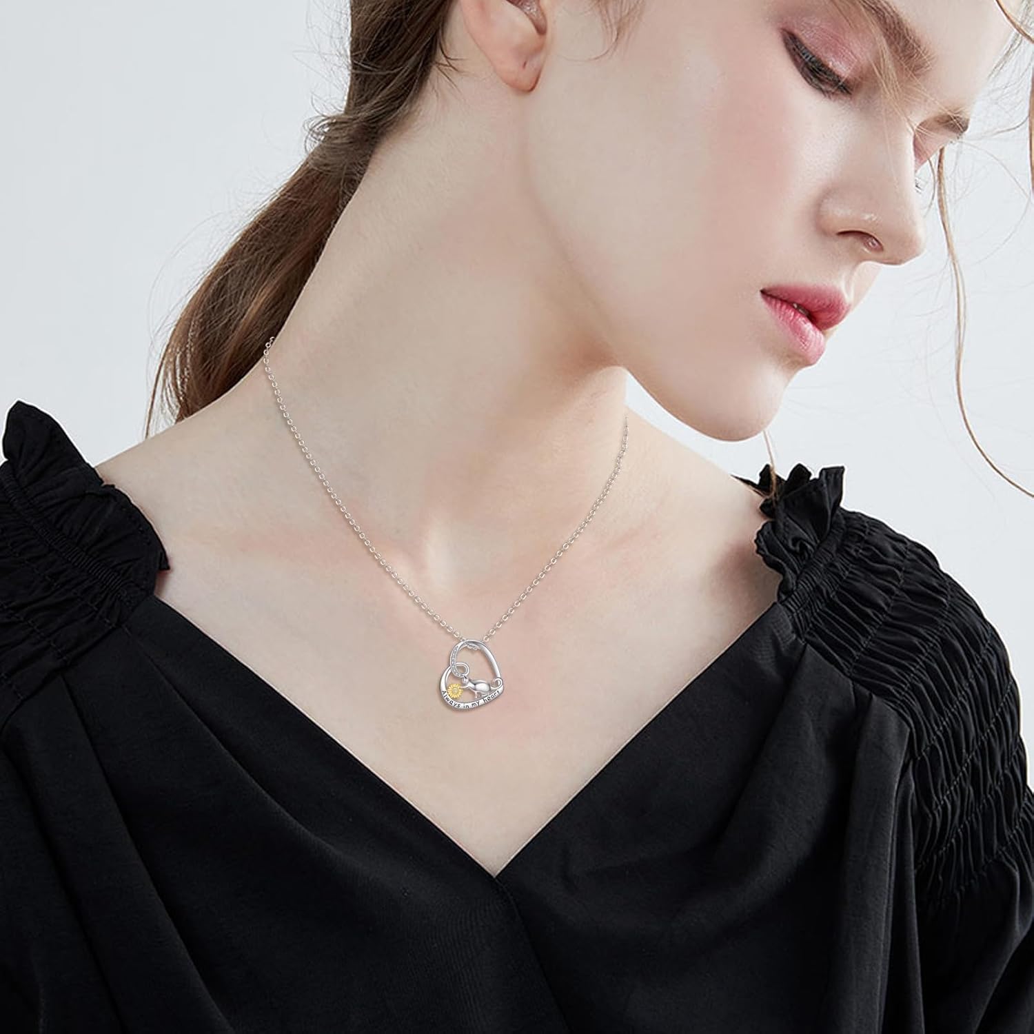 Cat Necklace 925 Sterling Silver Heart Cat Pendant with Sunflower Jewelry for Women Mom - Image 2