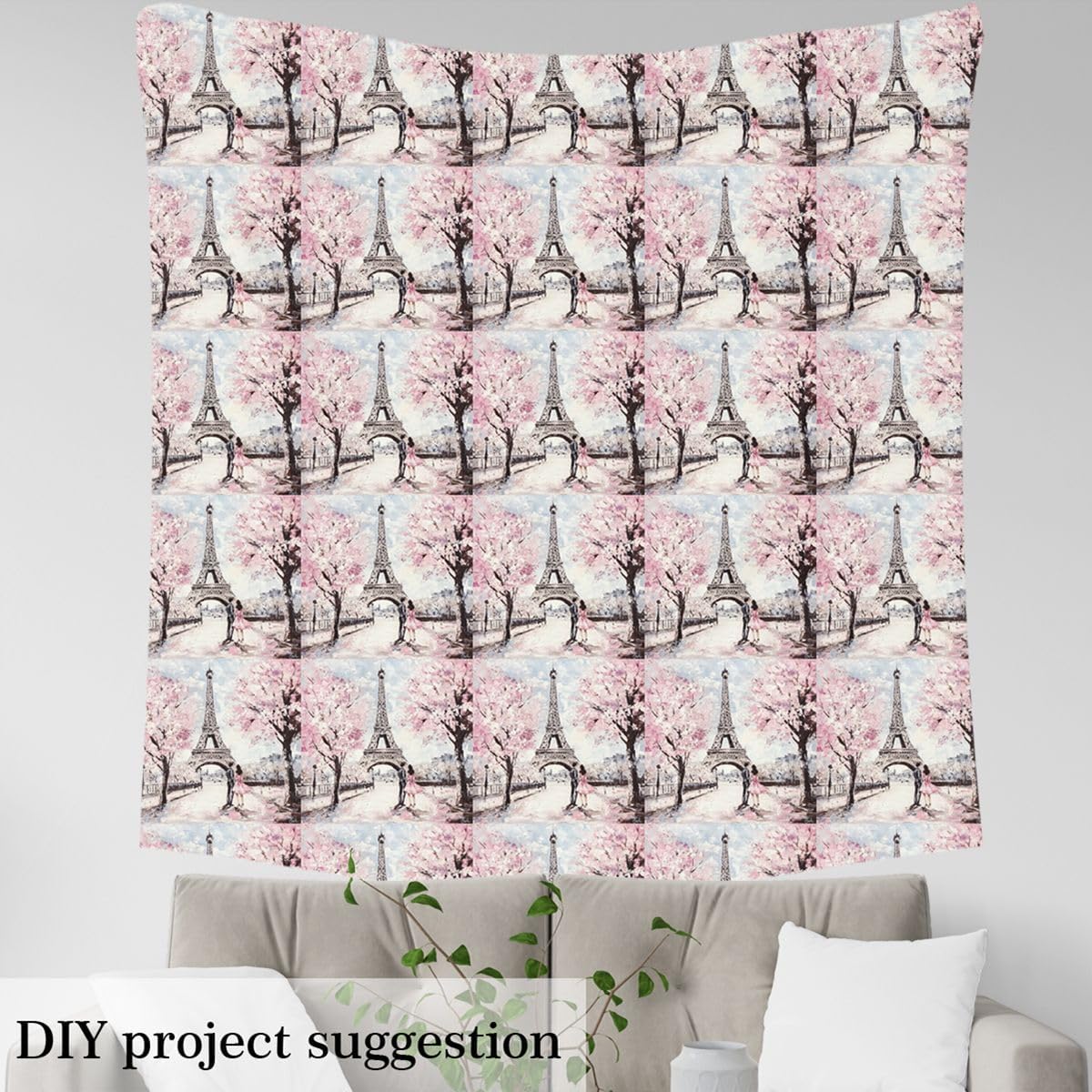 Paris Fabric by The Yard - Girly French Eiffel Tower Upholstery for Quilting, Couple Pink Cherry Blossoms, Decorative Watercolor Paris Tower, Waterproof Valentine Gift - Pink, 5 Yards