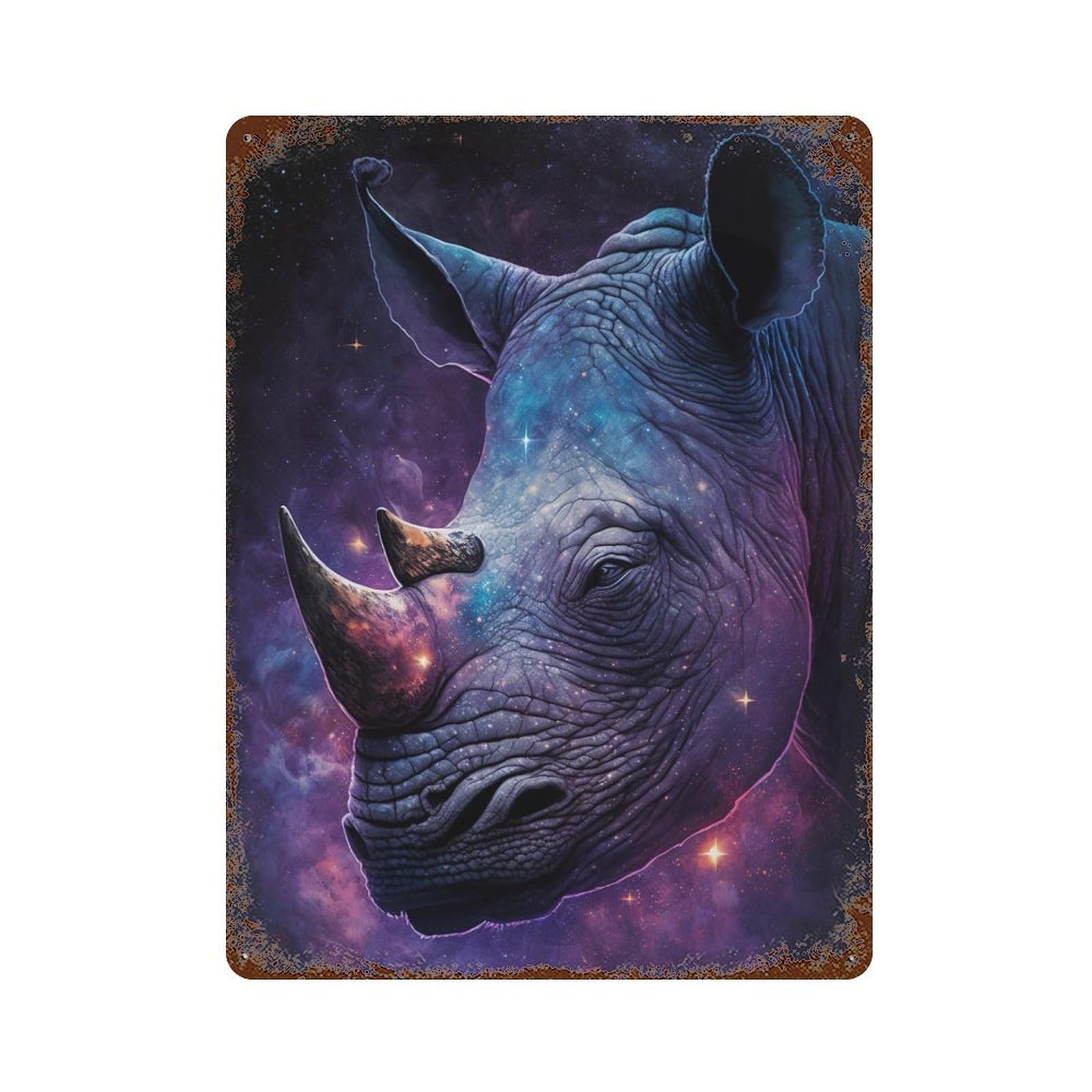 Rust Effect Galactic Rhino Profile-5 Weathered Tin Sign 15.7"x11.8", Retro Wall Decor for Garage, Bar And Workshop Decor