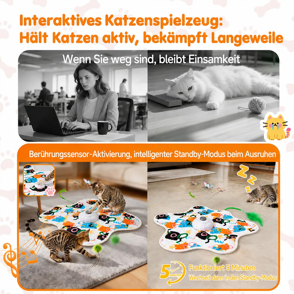 Katzenspielzeug Selbstbeschäftigung,Interaktives Katzenspielzeug Selbstbeschäftigung,Intelligenzspielzeug für Katzen mit Abnehmbaren Federn,Beweglicher Feder Quietschender Maus Wohnungskatzen