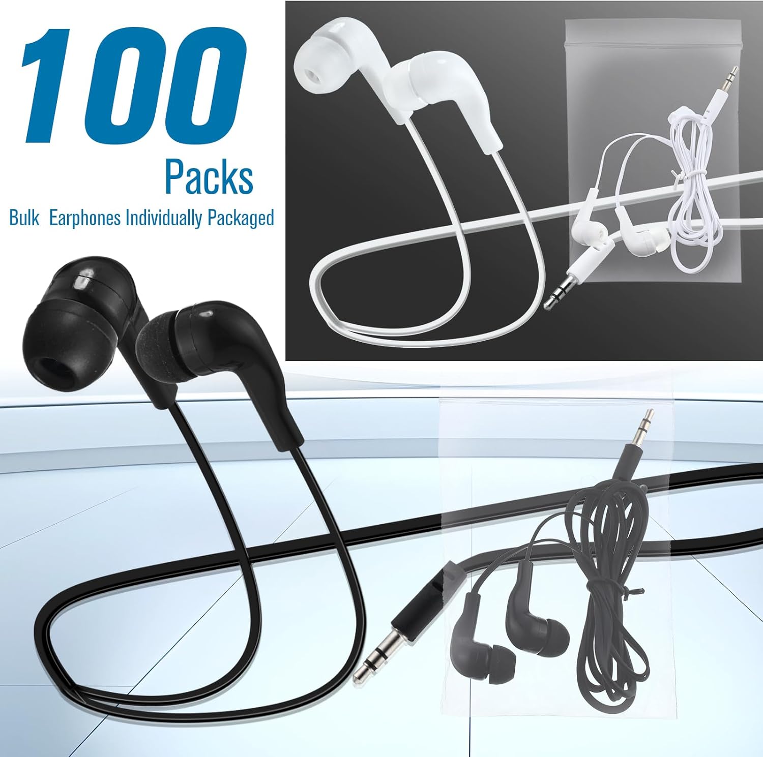 Kanayu 100 Pack Earbuds Bulk Earphones for School Classroom, Student Wired Earbuds Headphones Without Mic, Earphones Bulk for Adults School Library Laptop, Individually Bagged(Black and White)