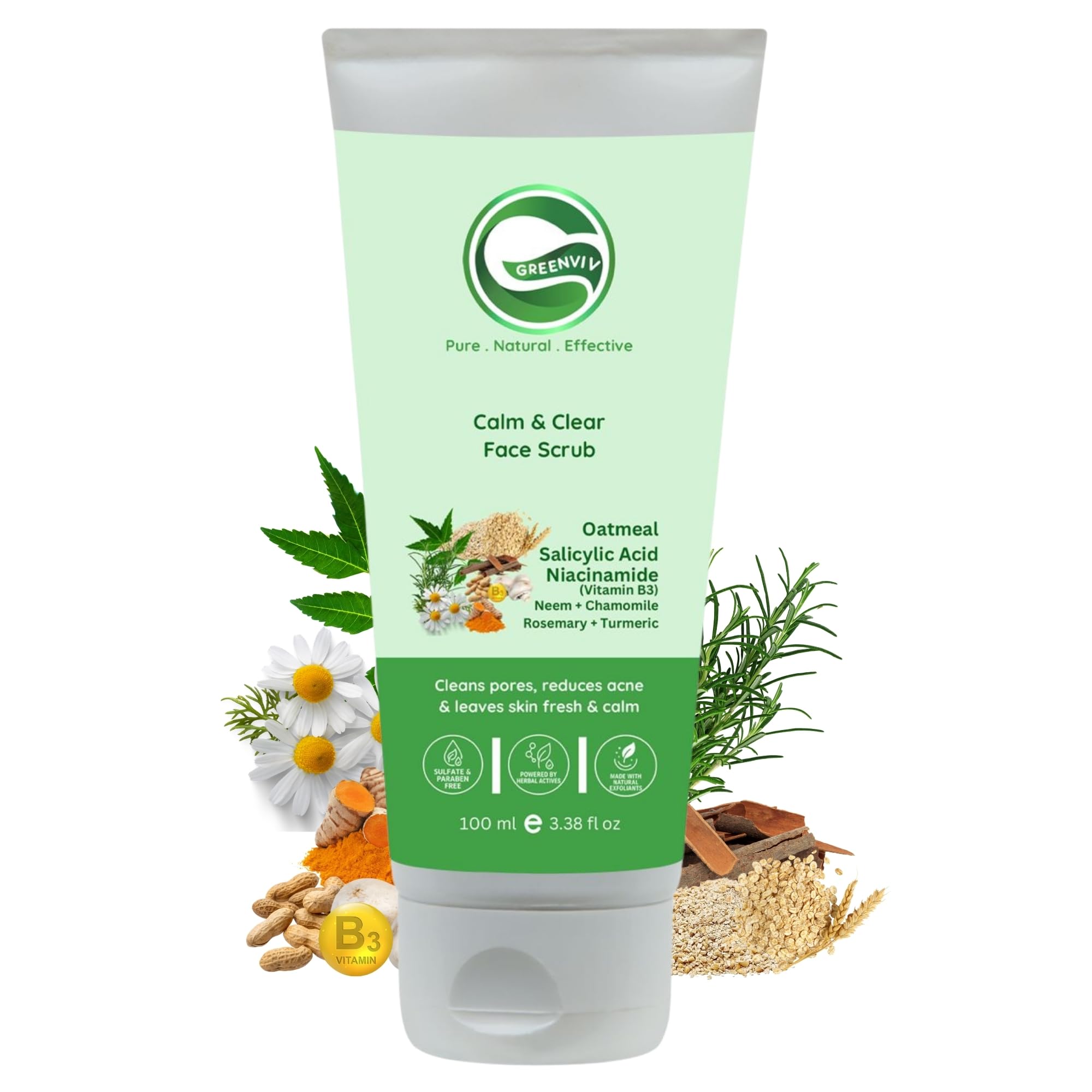 Greenviv Salicylic Acid Face Scrub for Acne & Oil Control, Reduces Breakouts & Cleans Pores with Oatmeal & Niacinamide | 100 g