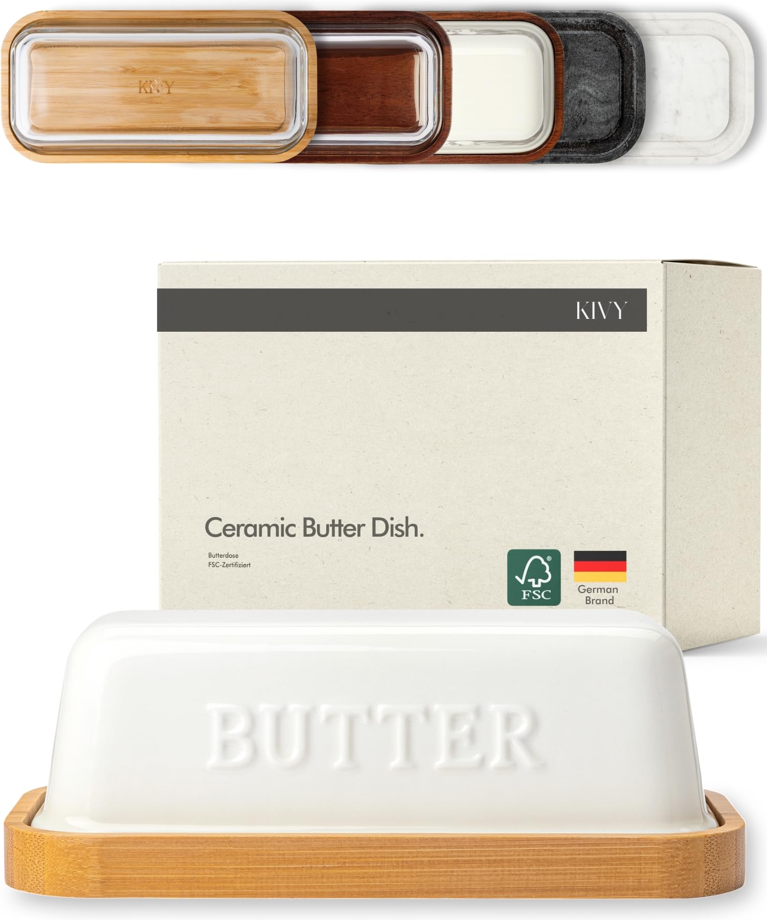 KIVY Ceramic butter dish with airtight lid that keeps butter soft - Bamboo
