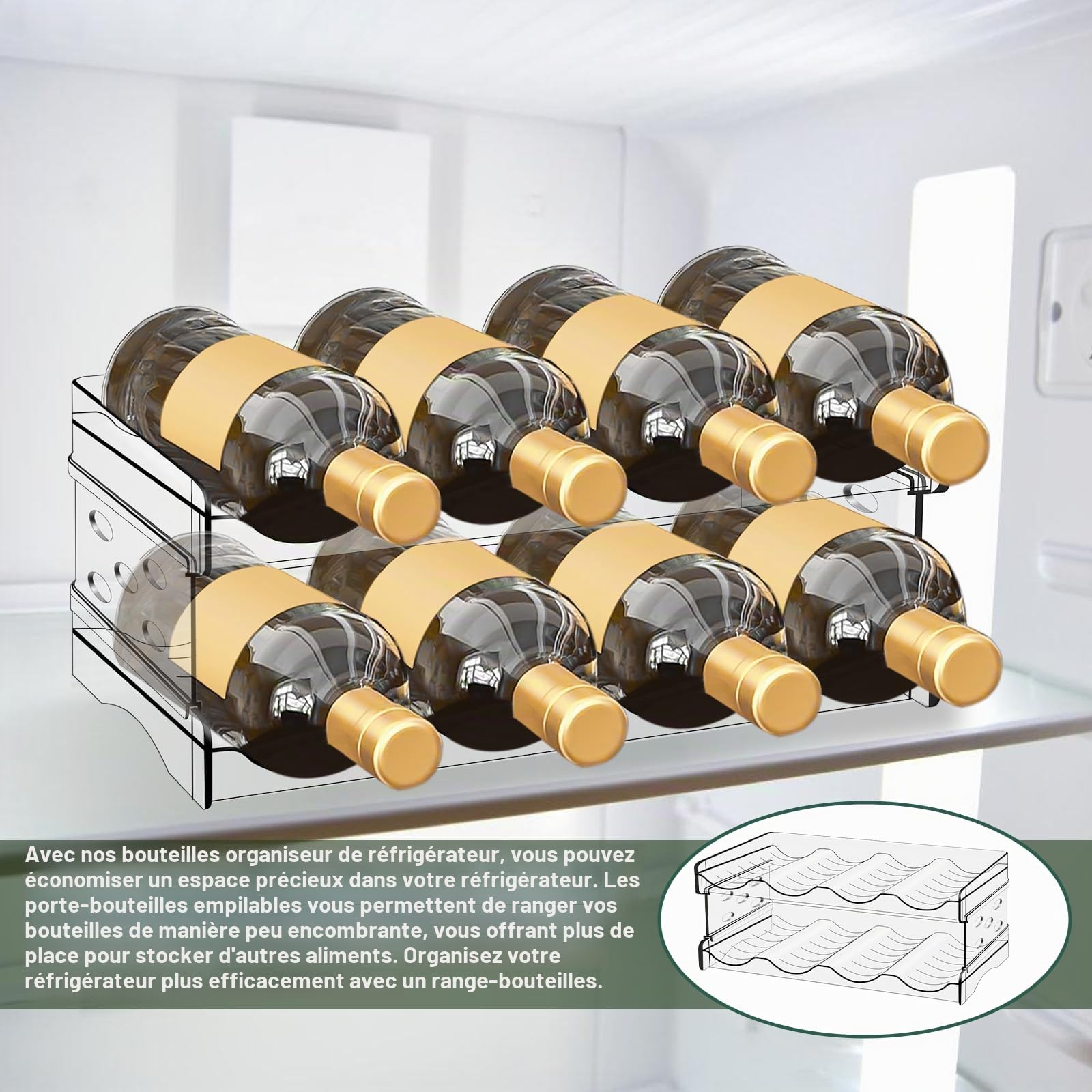 Étagère à bouteilles pour réfrigérateur Organisateur bouteilles : étagère à bouteilles empilable Étagère à vin, porte-bouteille d'eau transparent Réfrigérateur Étagère à vin Étagère pour