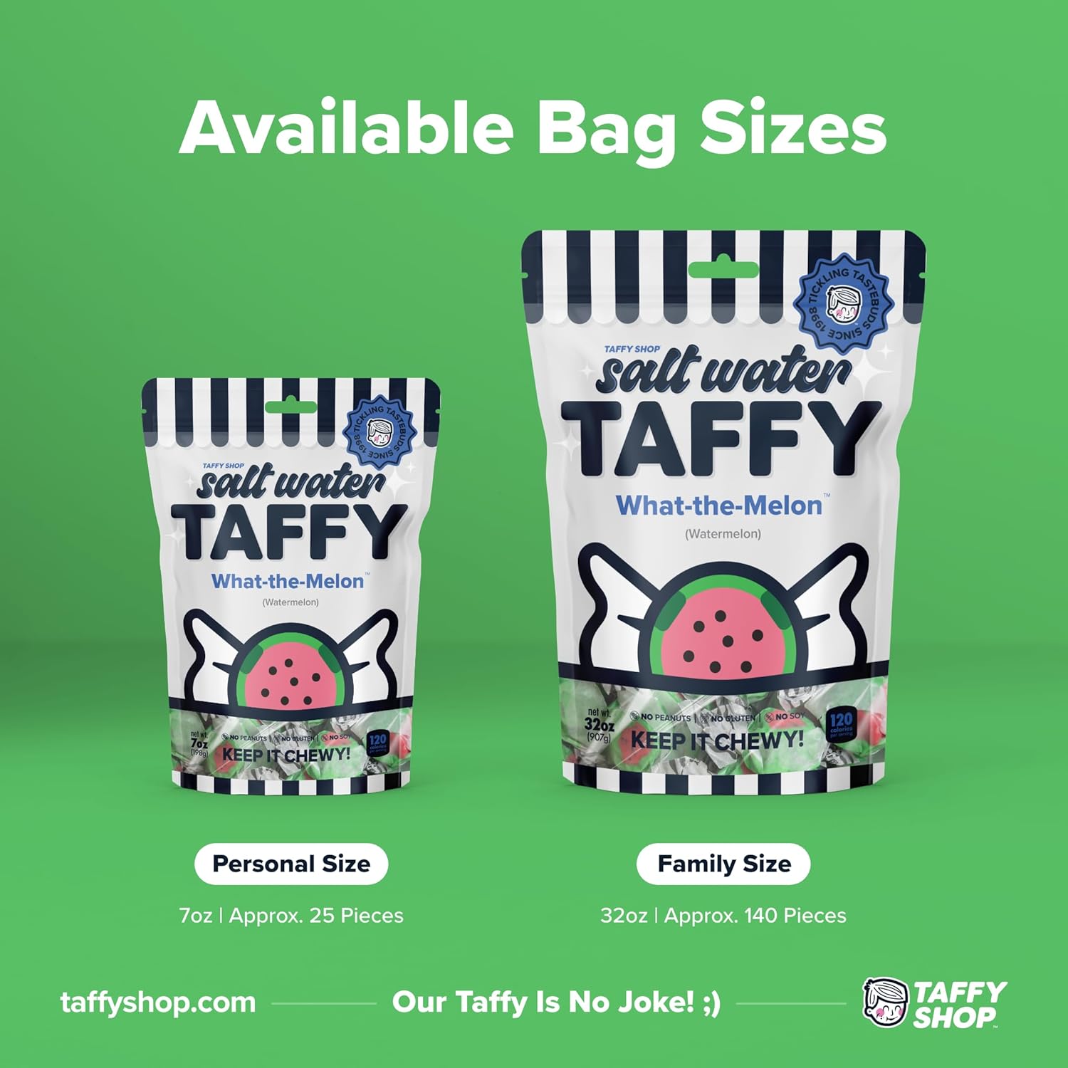 Taffy Shop What the Melon, Watermelon Salt Water Taffy – Gourmet Soft Chewy Candy, Bulk Sweet Snack, Fresh Gift & Gluten-Free, 140 Individually Wrapped Pieces (32oz)