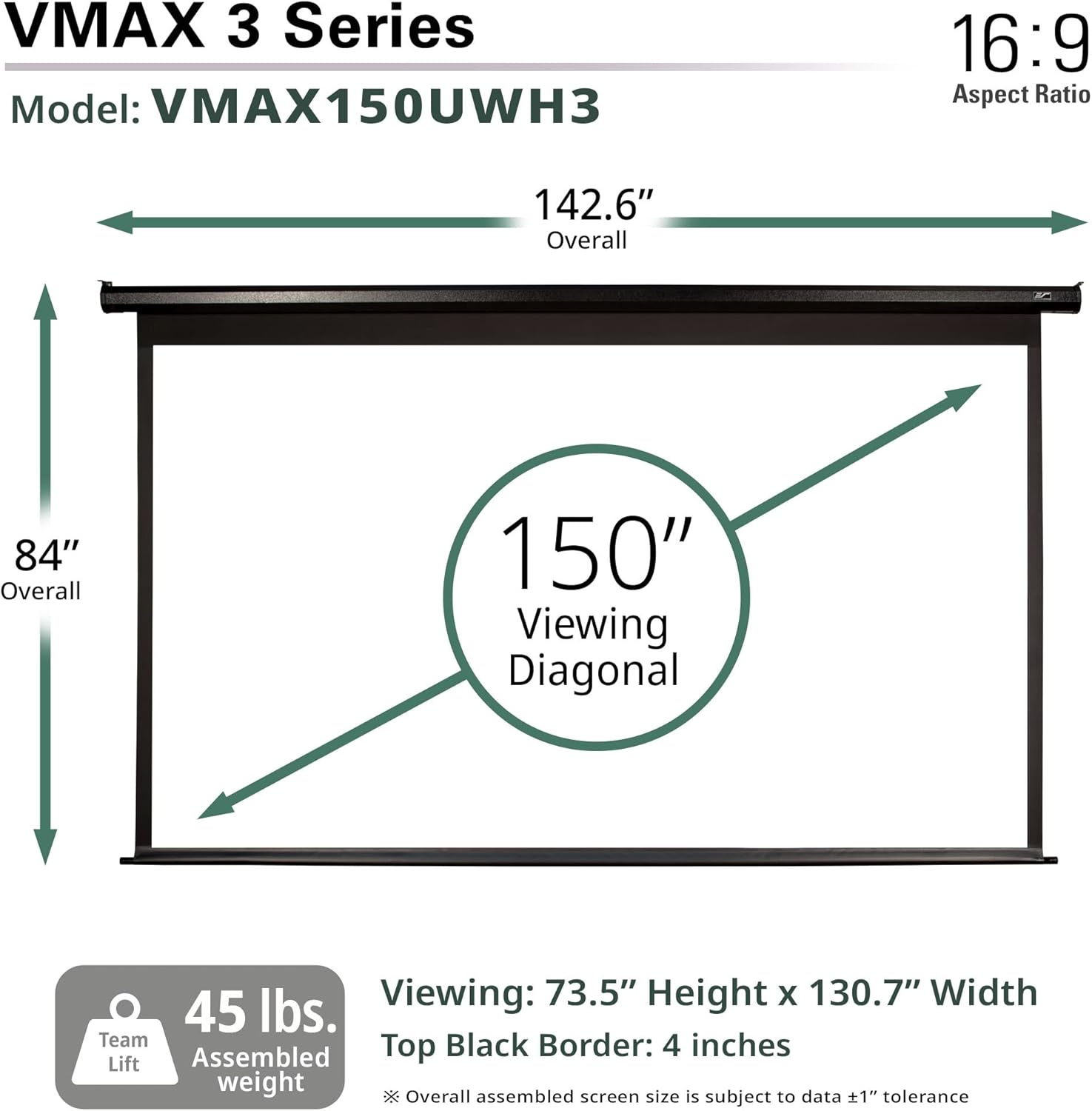 Elite Screens VMAX 3, 150-INCH 16:9, Projector Screen Retractable Motorized Drop Down Movie Gaming Entertainment, VMAX150UWH3