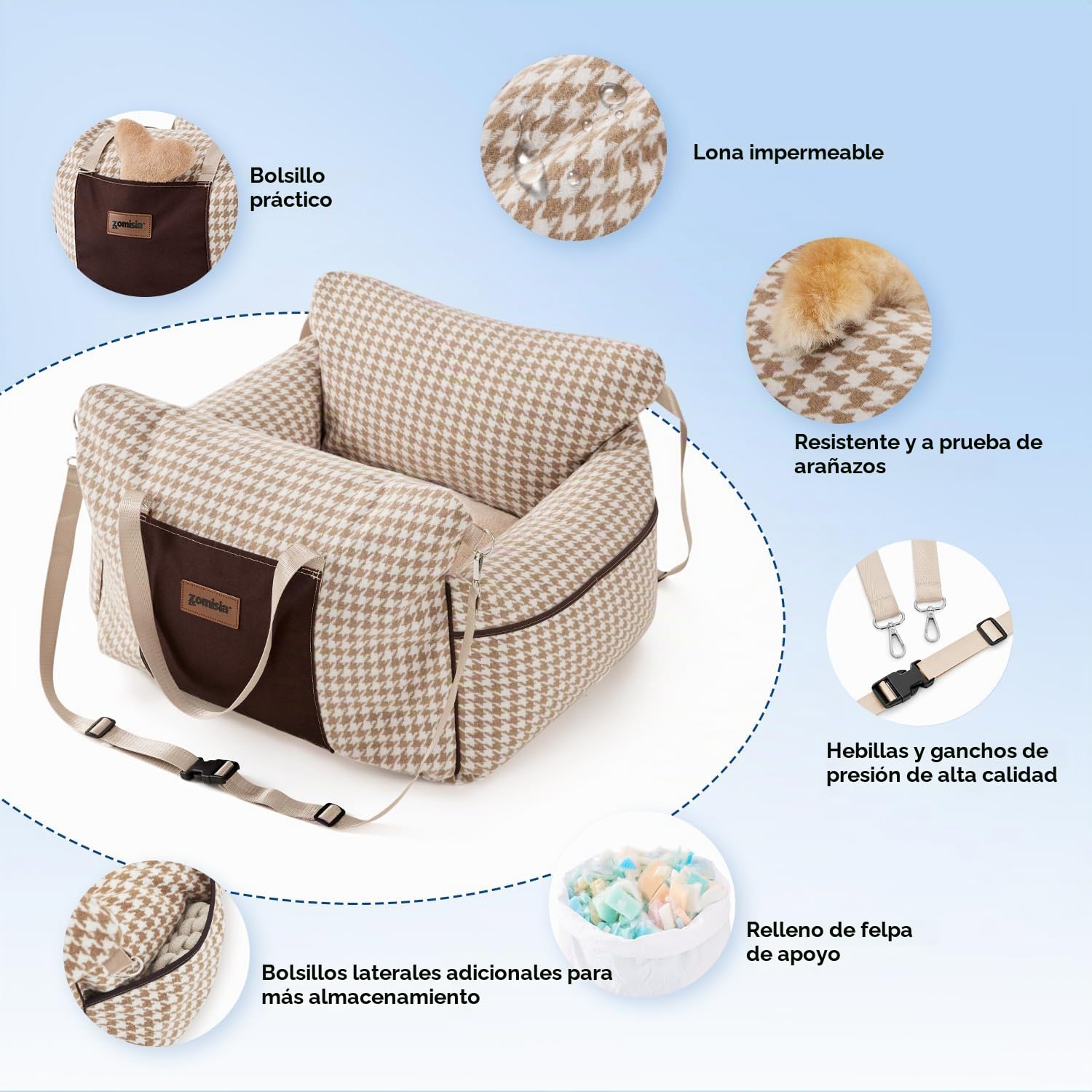 ZOMISIA Asiento de coche para perros pequeños, asiento elevador impermeable para mascotas para automóvil con correa de seguridad con clip, transportador de viaje suave para cachorros de hasta 25