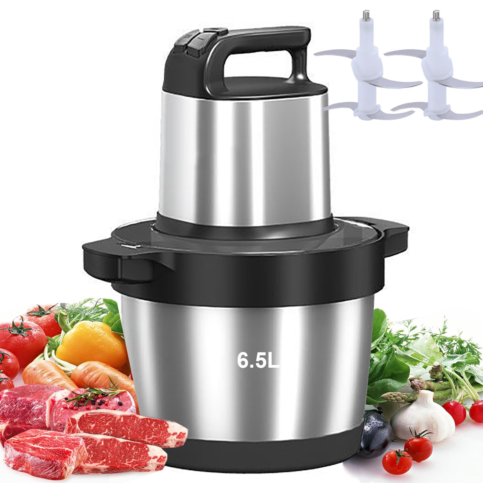 Picadora De Carne DoméStica De 1500W, Picadora De Alimentos, Recipiente De Acero Inoxidable De 6,5L De Capacidad, 3 Engranajes, para Carne, Verduras, Frutas, Nueces, Picadora De Alimentos