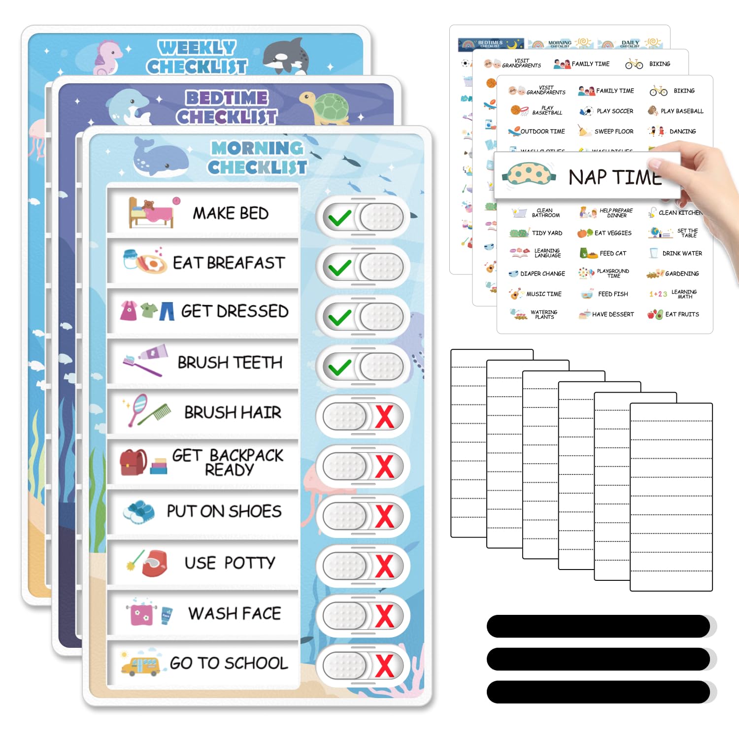 3 in 1 Bedtime/Morning/Weekly Routine Chart for Kids, Magnetic Chore Chart for Toddlers, Visual Schedule for Kids Toddlers Schedule Board for Home