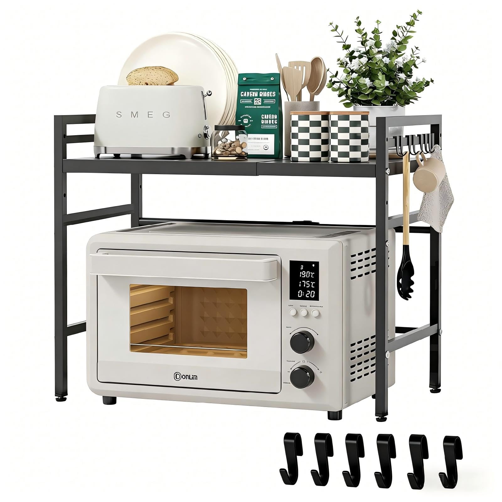 Soporte Microondas Ajustable 2 Niveles con 4 Ganchos, Mueble MicroOndes Estantería de Encimera Extensible, Estante Cocina vertical Organizador Hornos Negro para Tabla de Cortar, Barra, Utensilios