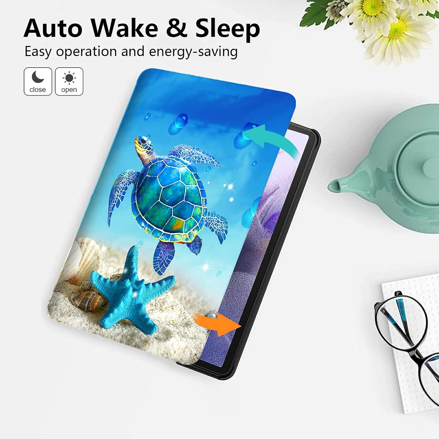 Fire HD 10 Tablet Case 10.1" (2019/2017/2015 Release) Shockproof Slim PU Leather Cover with Auto Sleep/Wake for All-New Amazon Kindle Fire 10 (9th / 7th / 5th Generation),Sea Turtle and Starfish