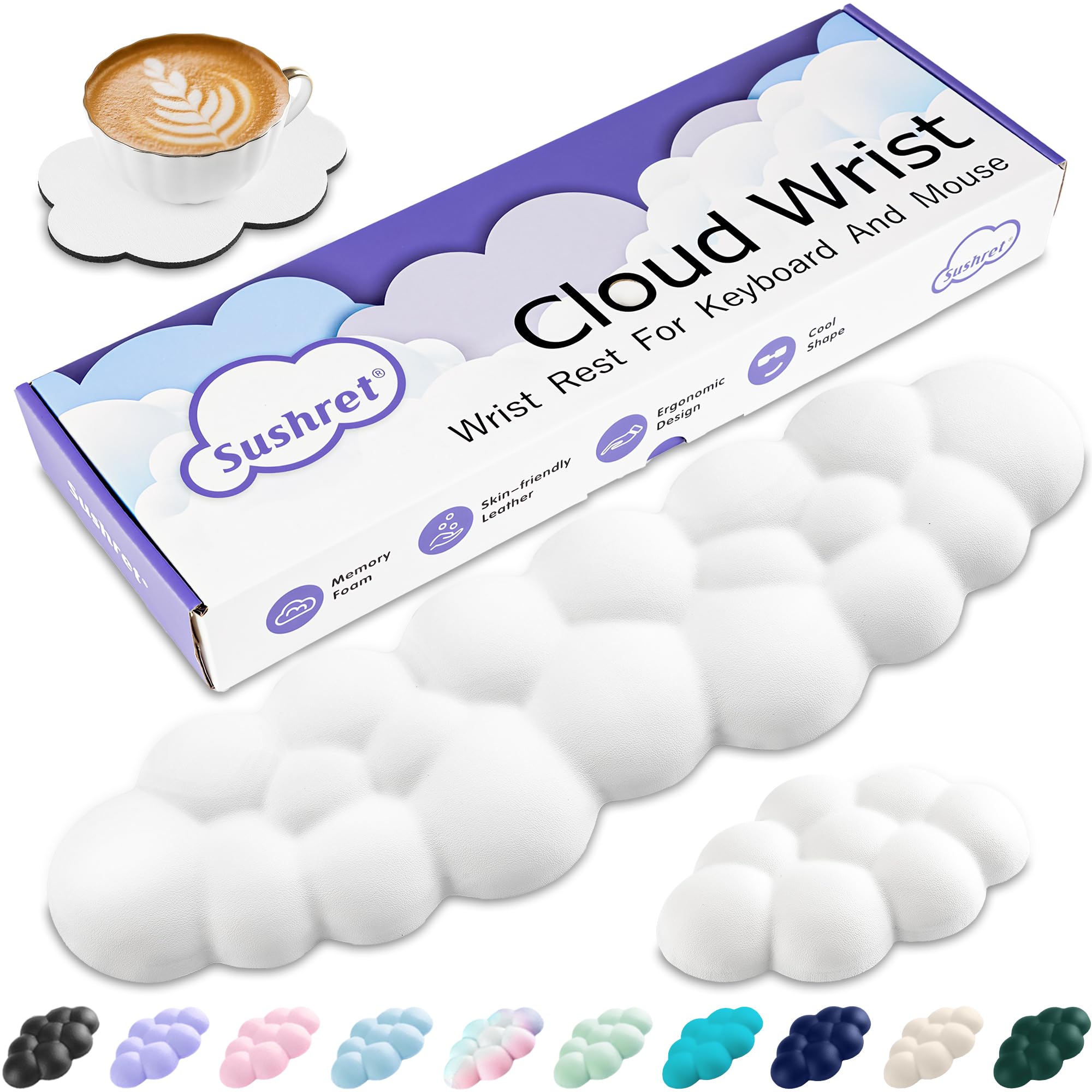 Sushret Wolkenförmige Handballenauflage für Tastatur, ergonomische Tastatur-Handauflage aus PU-Leder mit Memory-Schaum gegen Müdigkeit, Schreibtisch Zubehör für Büro, PC & Gaming – Weiß