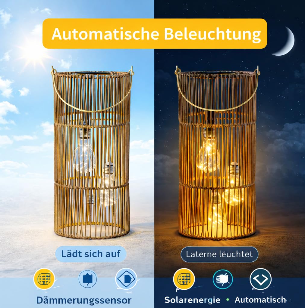 formano Lanterne solaire d'extérieur en rotin - 3 ampoules LED - 55 cm - Lampe solaire avec capteur crépusculaire - IP44 - Lampe solaire décorative pour balcon, terrasse, éclairage extérieur