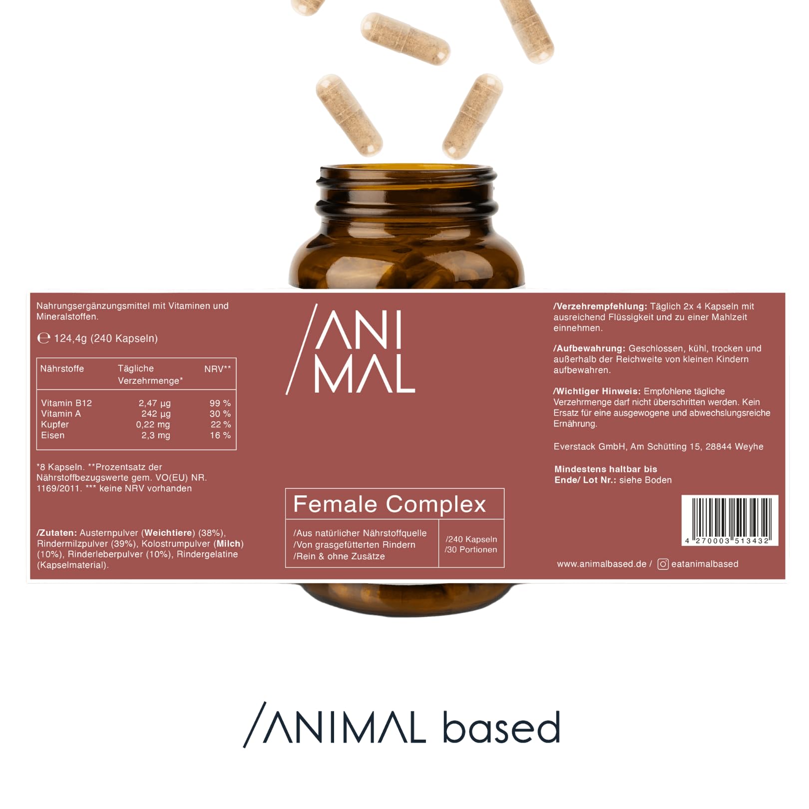 Female Complex [240 Kapseln] - Mit Austern, Milz, Leber & Colostrum vom Rind – Multivitamin für Frauen - Natürliches Eisen, Kupfer, Vitamin A (Retinol), Vitamin B12 – geschmacksneutral
