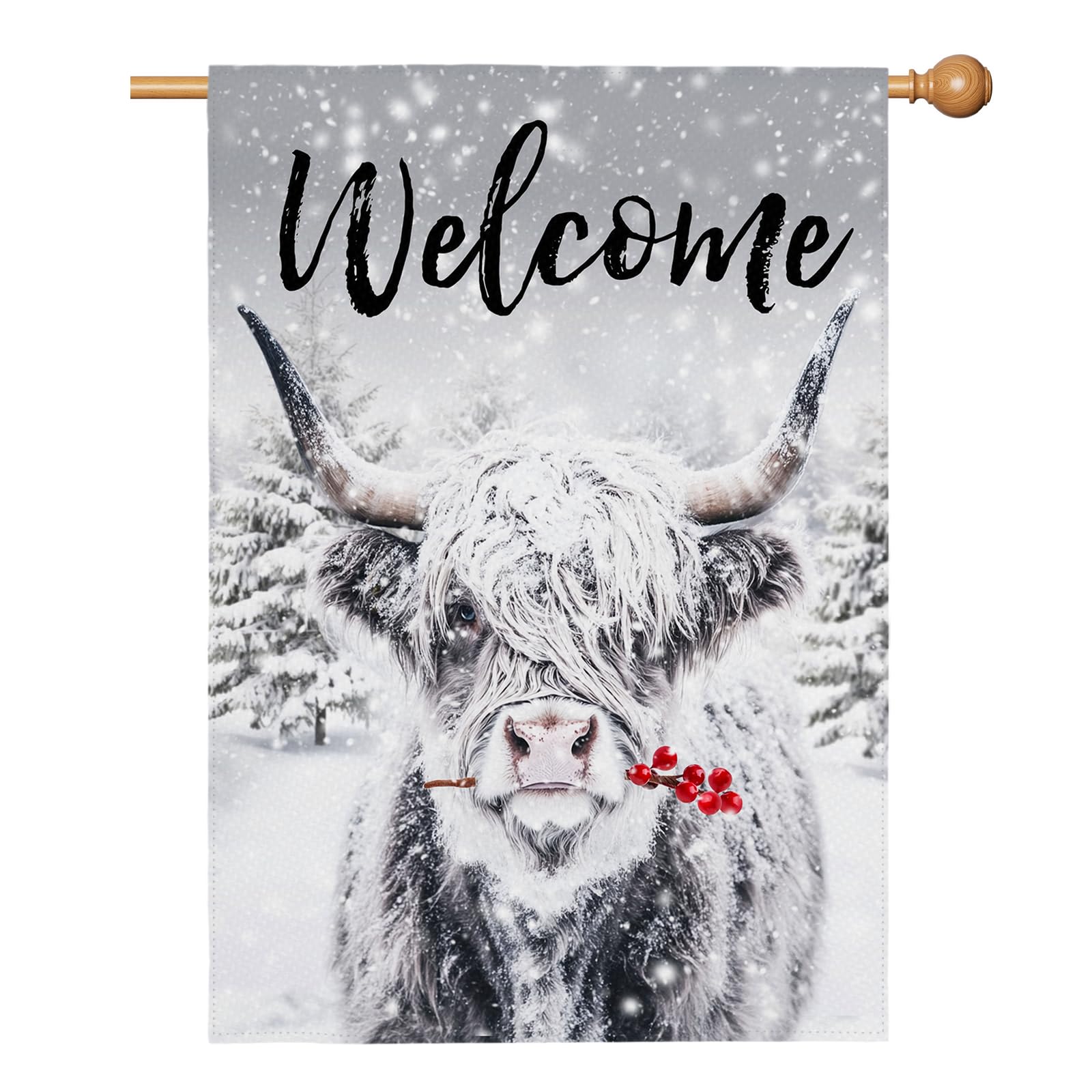 Dacawin Welcome Winter House Flag Highland Cow Garden Flags Christmas Cows with Red Holly Berry Yard Banner Seasonal Snow Grey Bull White Pine Wall Banner for Farmhouse Rustic Decor 28 x 40 Inch — image 1