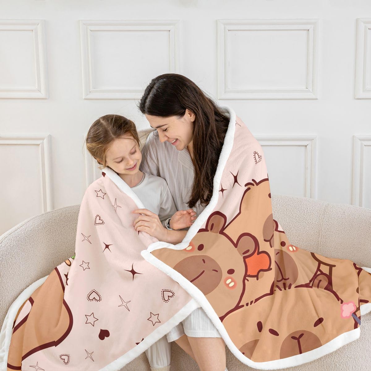 Loussiesd Zabawny koc z kapibarami kreskówka kapibara miękki polar szerpa przytulny puszysty pluszowy ciepły inicjał F puszysty pluszowy koc kawaii zwierzęta podwójne 152 x 180 cm na łóżko kanapę