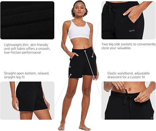 Miniatura 5 de baleaf Pantalones cortos de algodón para mujer, pantalones cortos deportivos con bolsillos, cintura alta, para verano, casual