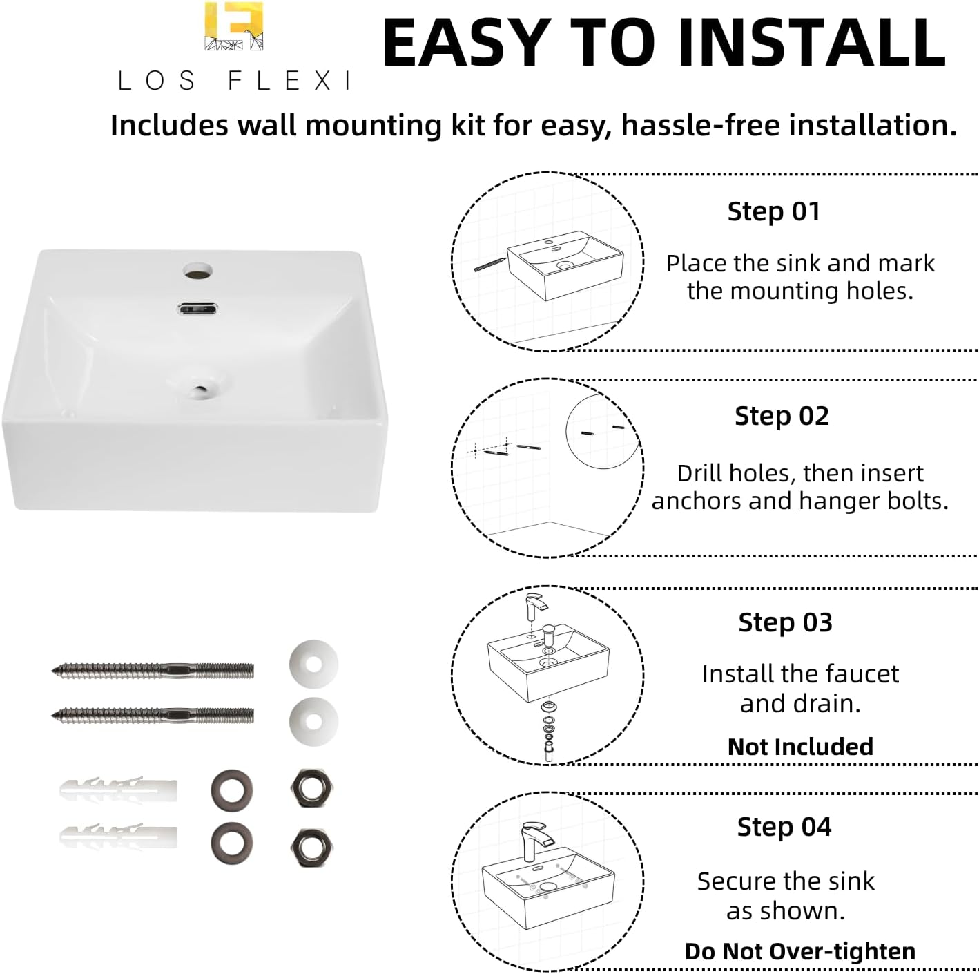 16"W x 14"D Wall Mounted Vessel Sink with Overflow, Los Flexi 16 Inch Floating Sink for Small Bathroom, White Rectangular One Faucet Hole Porcelain Ceramic Vessel Sinks