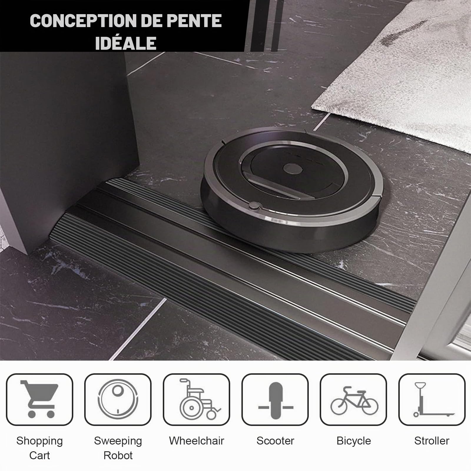 Rampe de Seuil de Porte,1m*8cm*3cm Barre de Seuil Adhesive en Caoutchouc,Rampe de Bord de Porte,Profil de Transition,Convient pour Fauteuils Roulants, Robot,Garages(Haut 3cm)