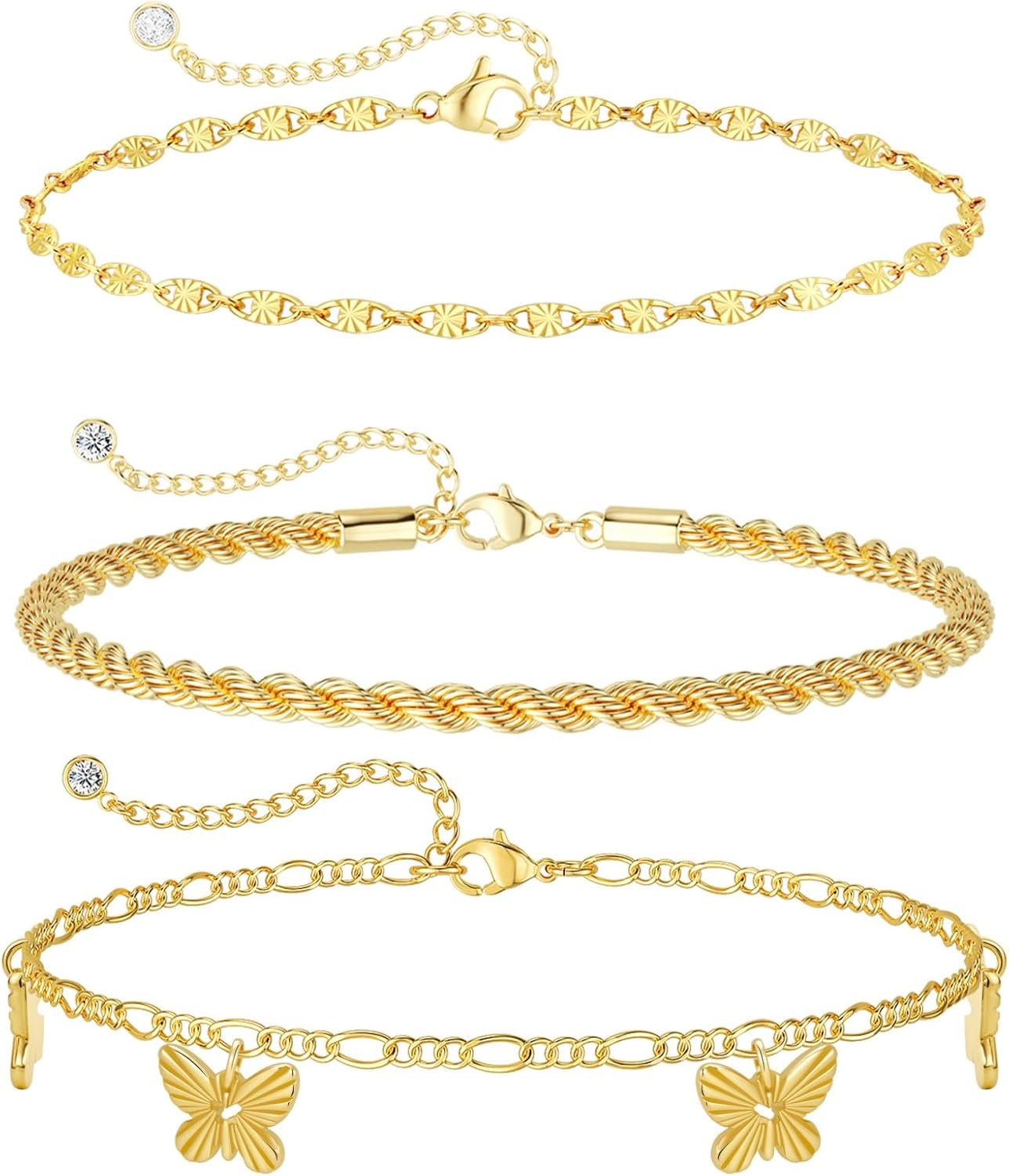 MFRYK Gold Ankle Bracelets for women,14k Gold/Silver Plated Waterproof Layered lightweight Cuban Link Figaro Chain Heart anklet butterfly anklet Pearl Ankle Bracelets Set Gold Anklets for women Trendy Jewelry Gift for Women