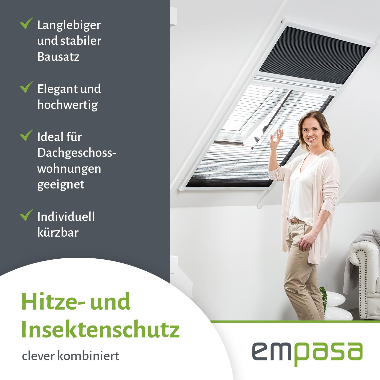 empasa Kombi Dachfenster Plissee Insektenschutz und Sonnenschutz Fliegengitter 'MASTER DUO' Alu Alurahmen individuell zuschneidbar, Farbe:weiß, Ausführung:80 x 160 cm (Selbstbausatz)